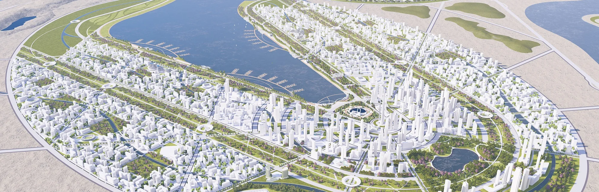 The “Aral: City of Revival” master plan — a city on the shore of a bay, from above