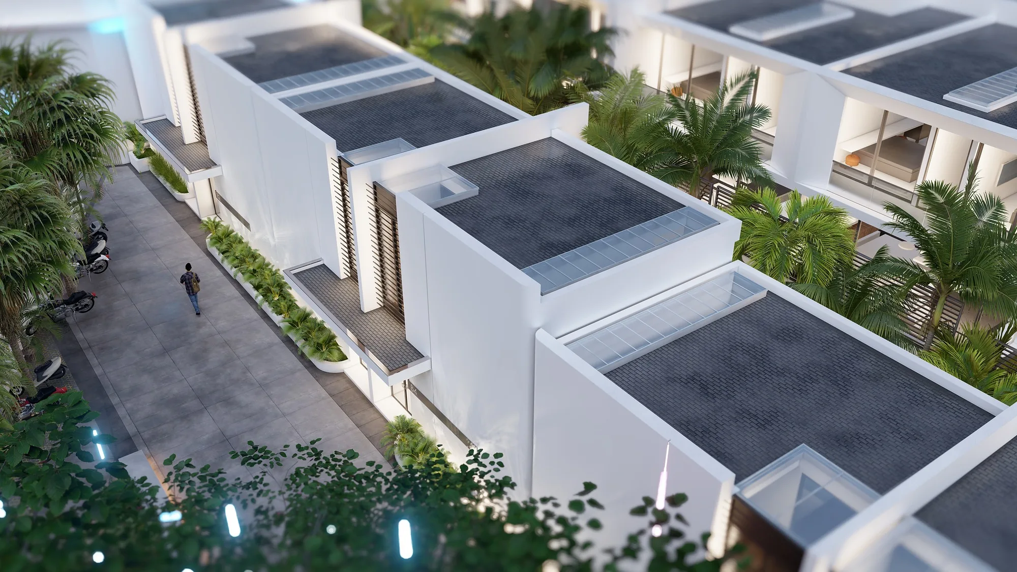 The terraced villas of Alex Villas 4 from above: private patios and the shared street