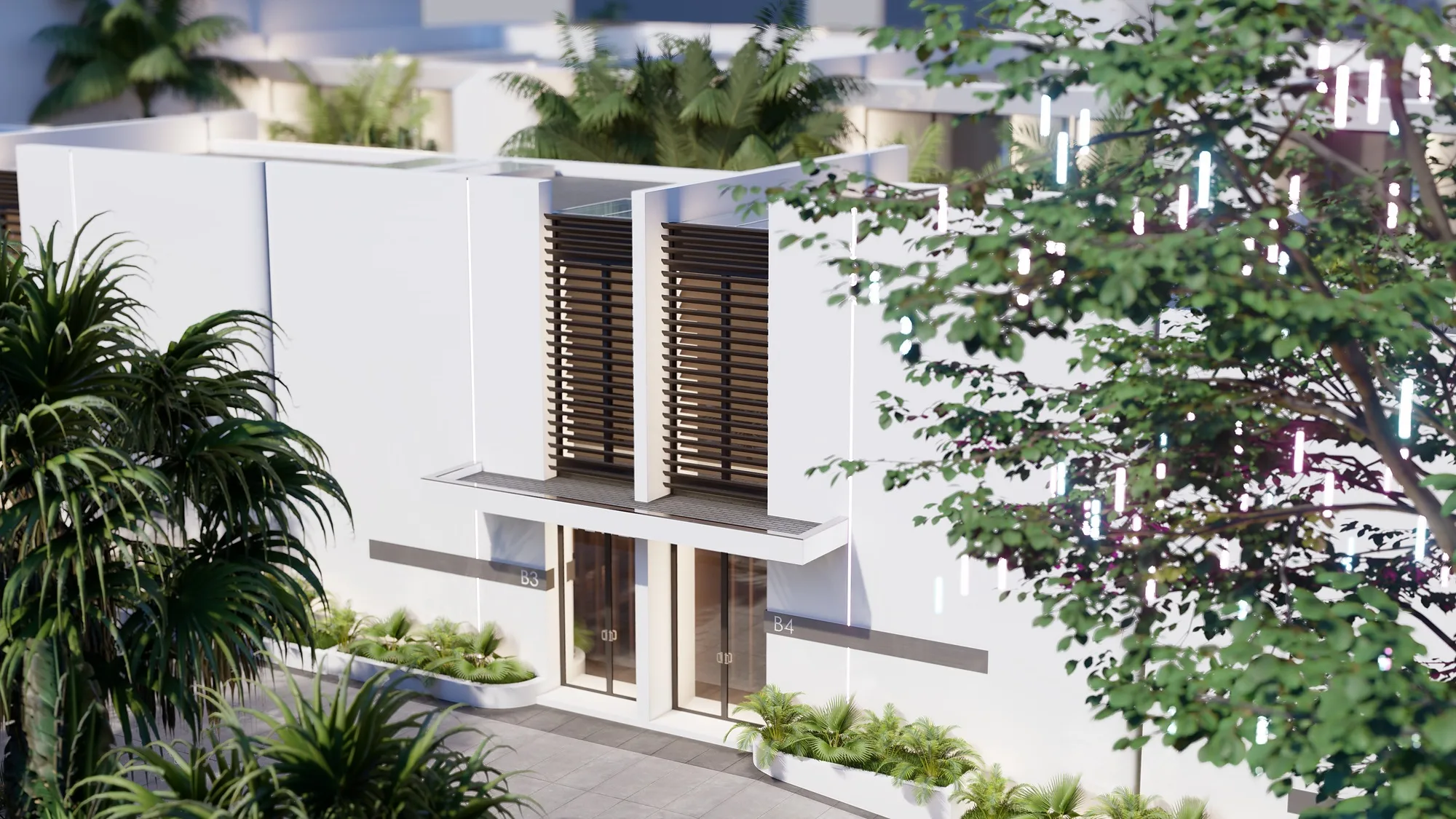 Villa facades along the street: blank walls and timber shutters