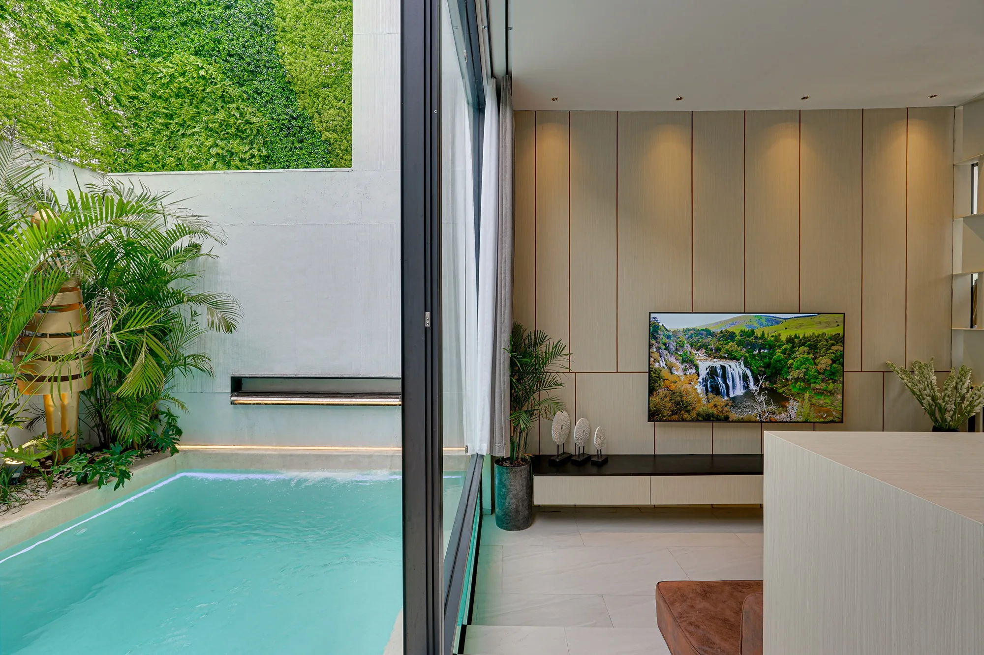 The villa living and dining area looking out to the rice terraces