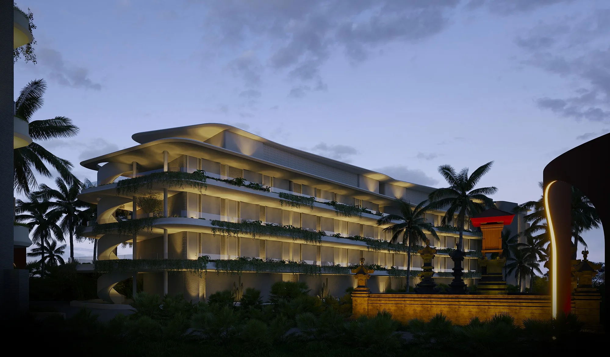 The facade in the evening with its architectural lighting