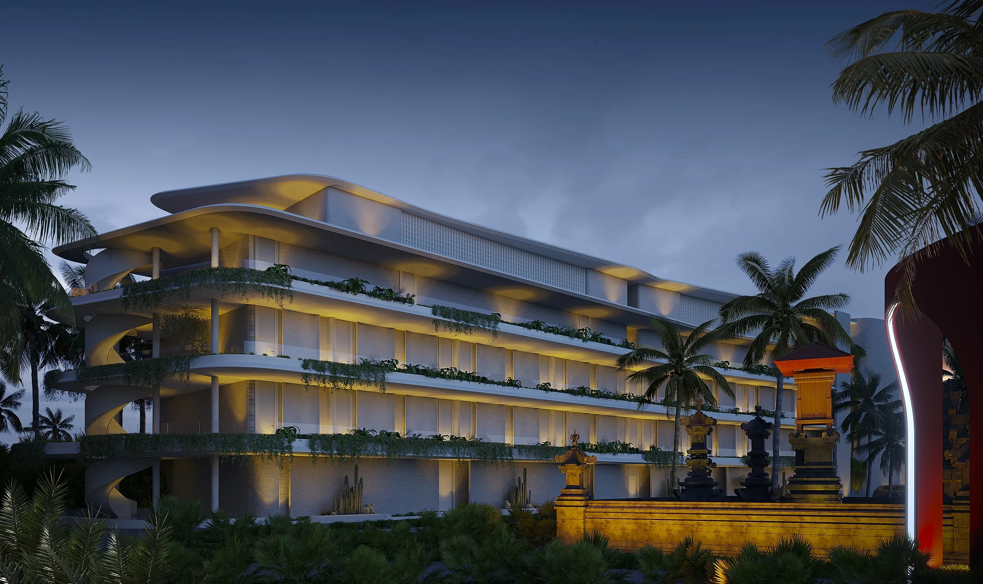 The long elevation at dusk