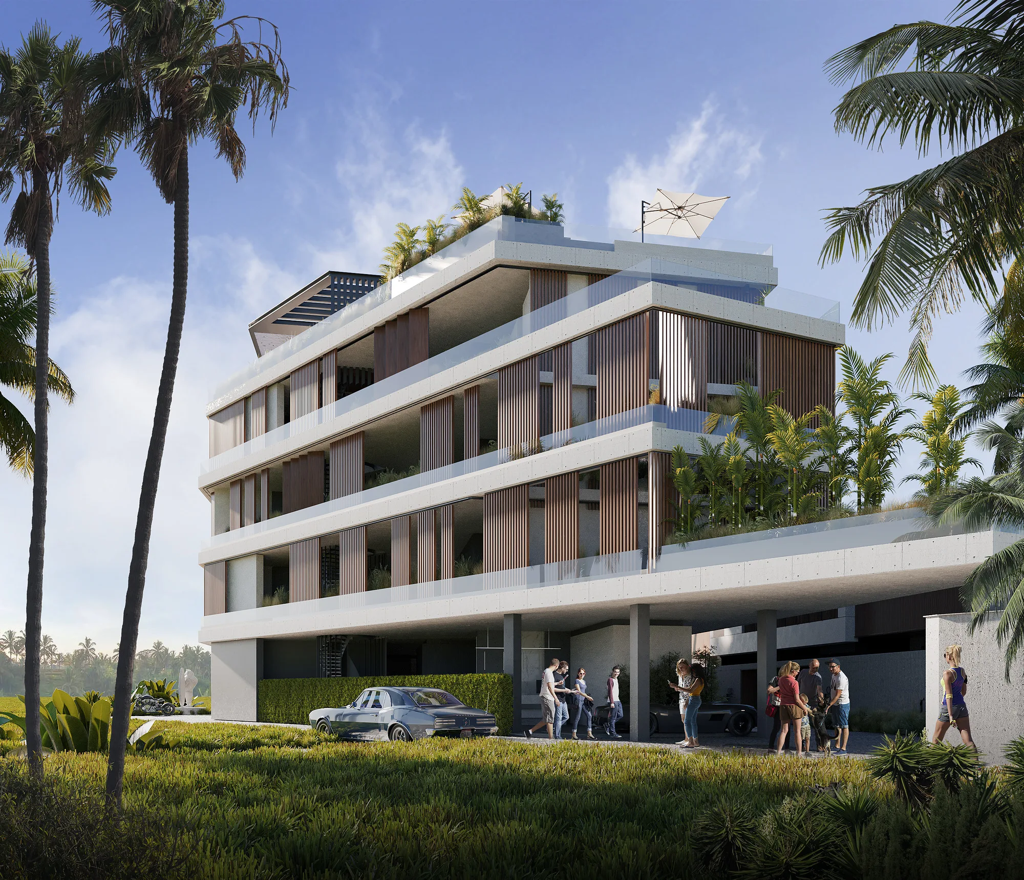Alex Villas 8 in Uluwatu, Bali: the apartment building among palms, terraces and a planted roof — SAD studio