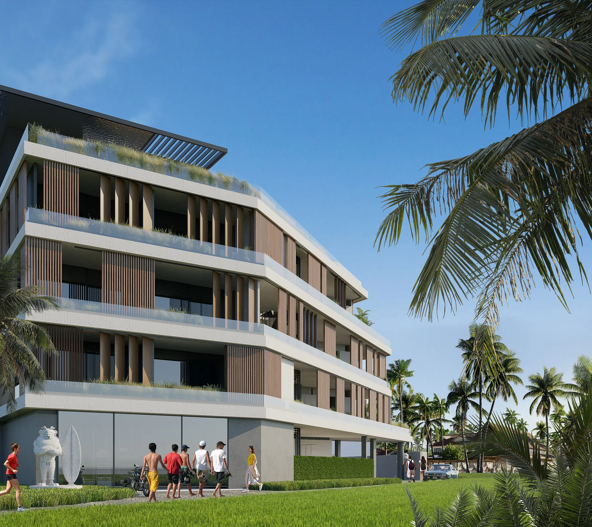 Alex Villas 8 in Bali from the lawn: four levels of apartments, timber fins and glazed balconies — SAD studio