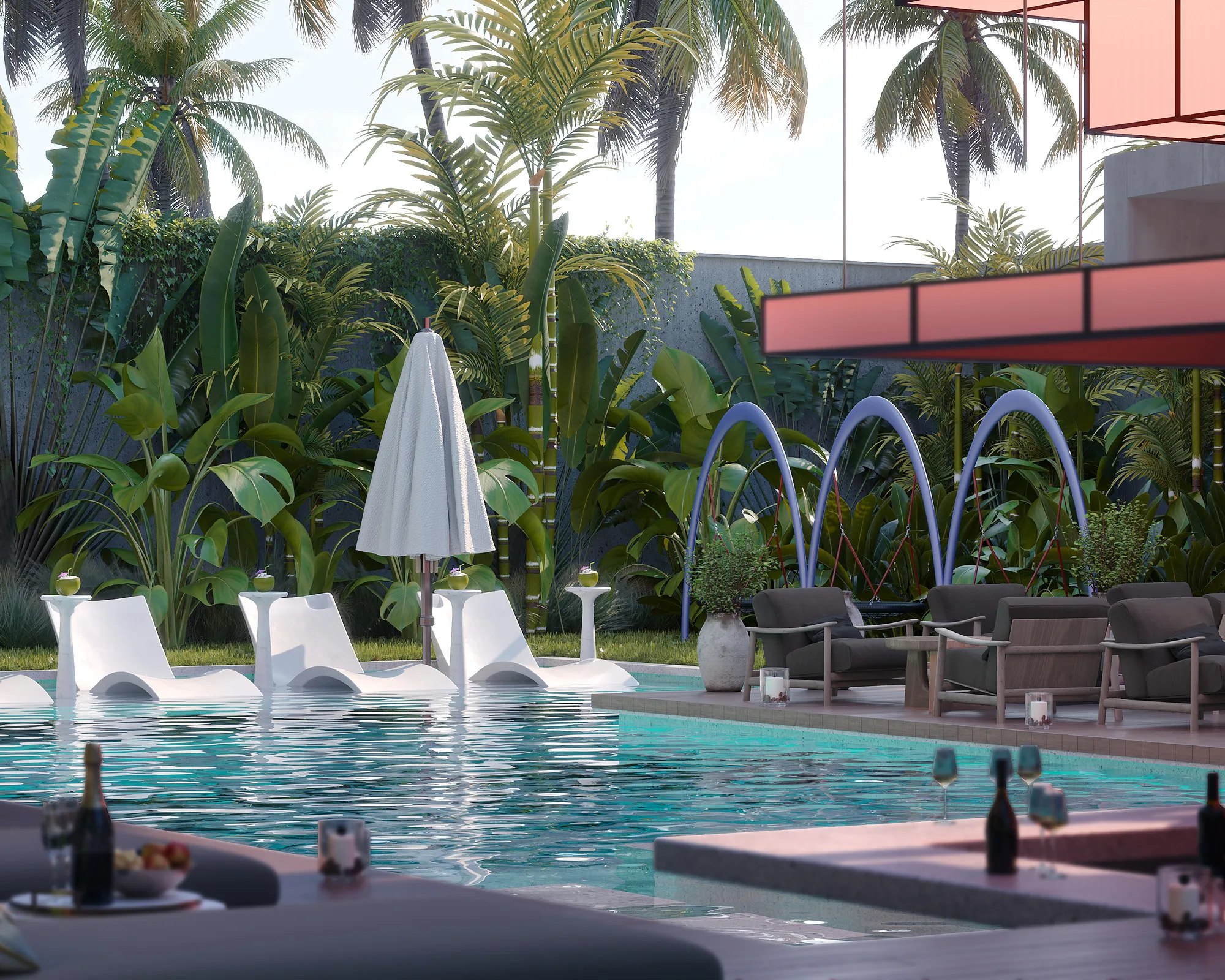 Pool at Alex Villas 8 in Bali: loungers by the water, parasols and tropical planting around — SAD studio