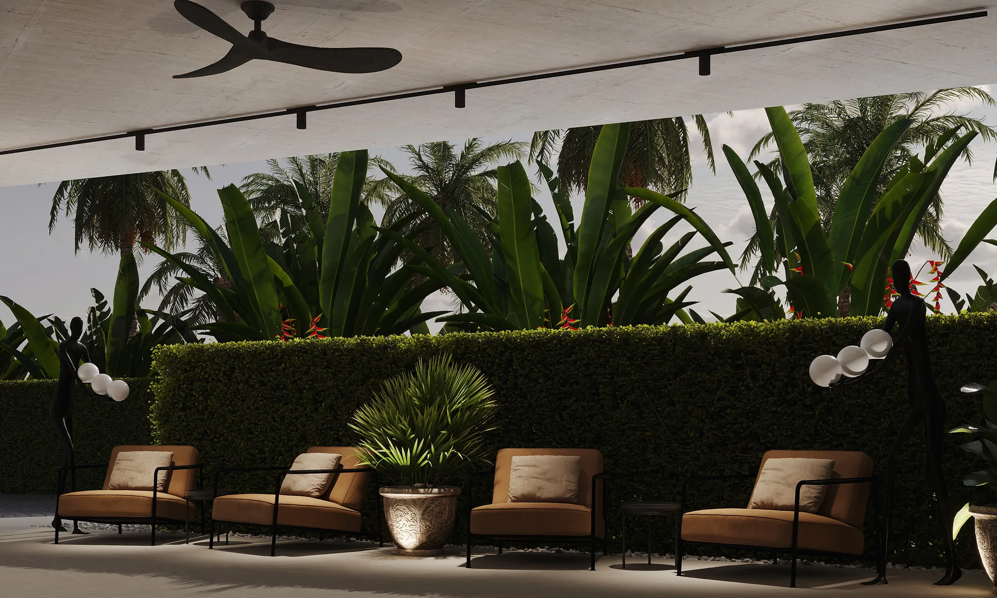 Poolside lounge at Alex Villas 8 in Bali: armchairs along the hedge and globe lights — SAD studio