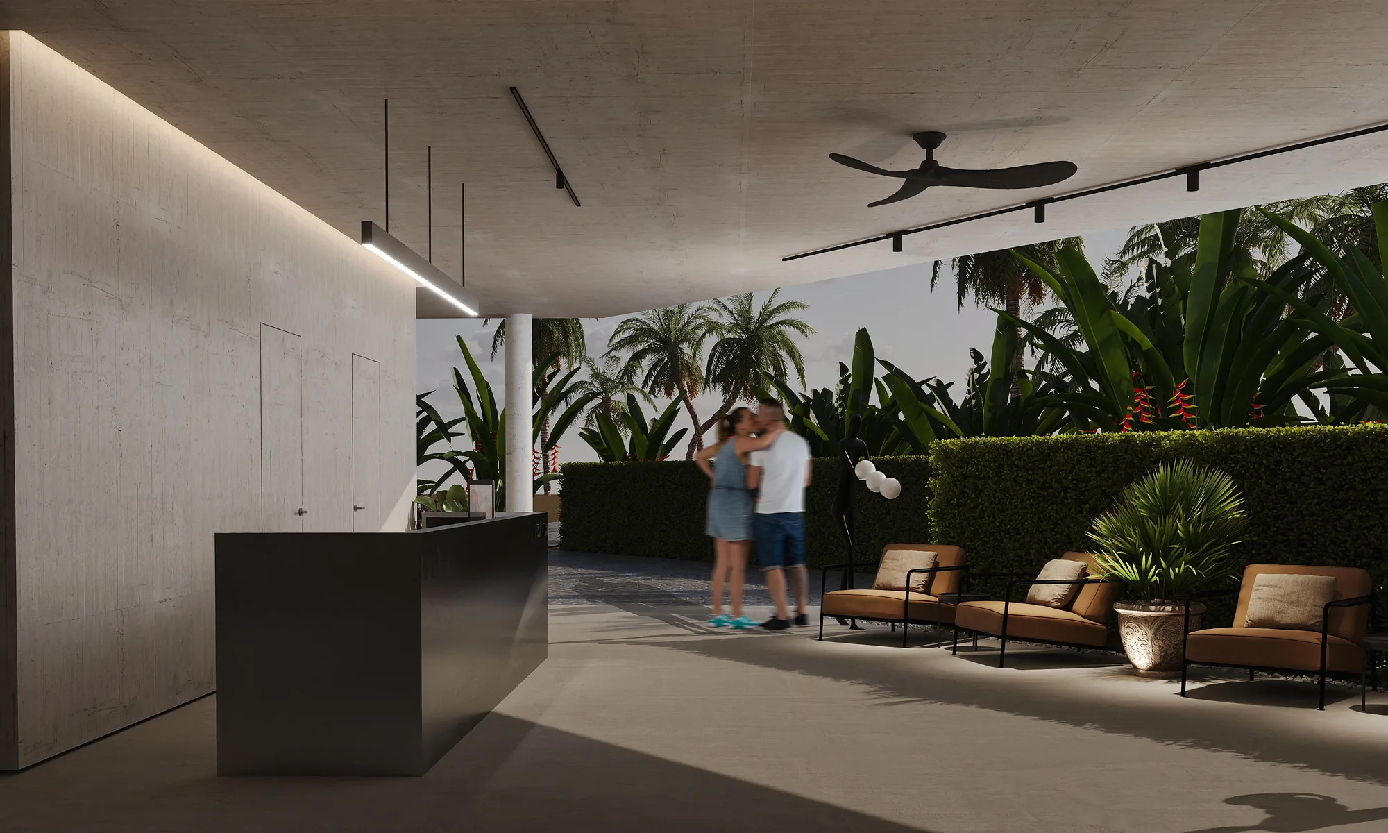 Lounge at Alex Villas 8 in Bali: the counter, ceiling fans and the way out to the pool — SAD studio