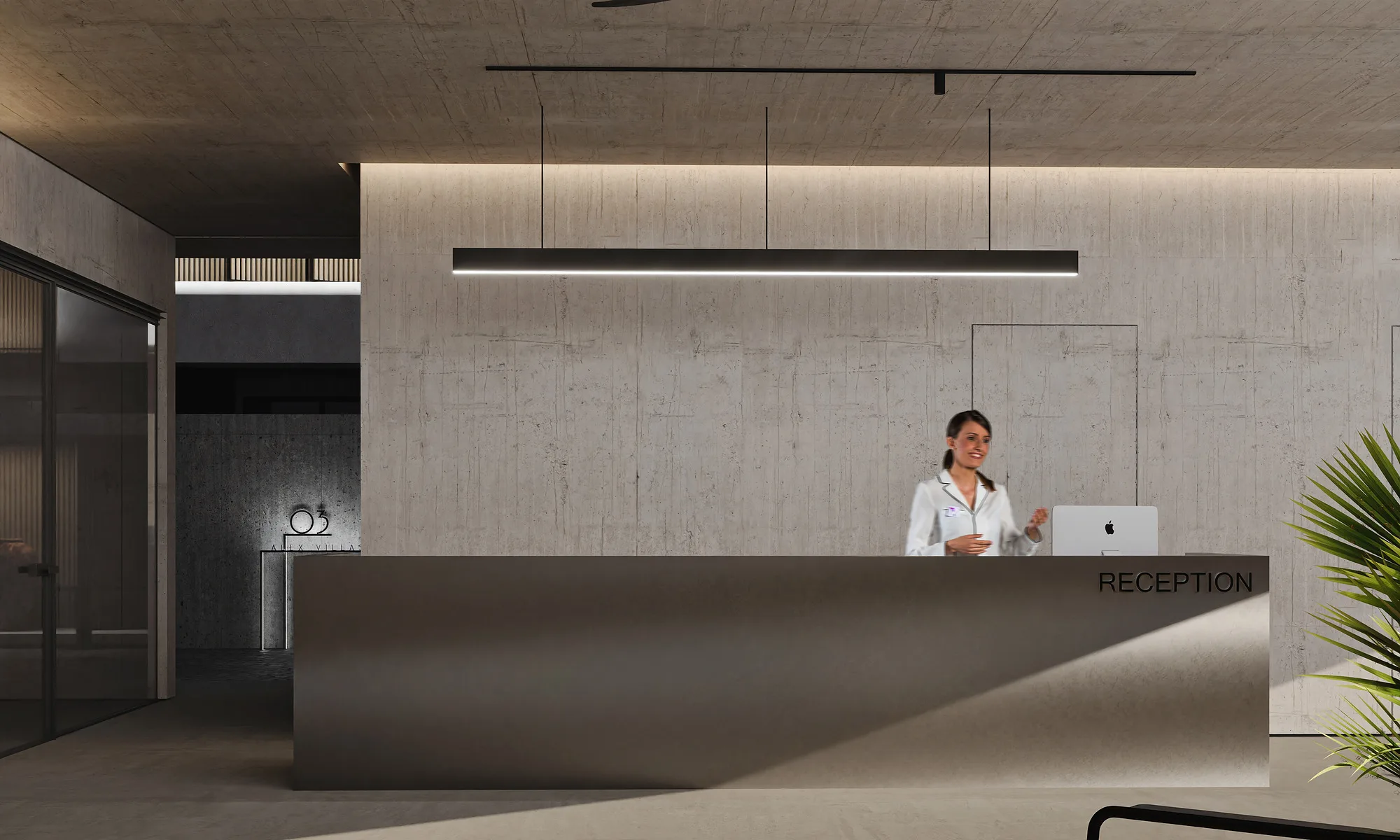 Reception at Alex Villas 8 in Bali: the travertine desk, a linear luminaire and the receptionist — SAD studio