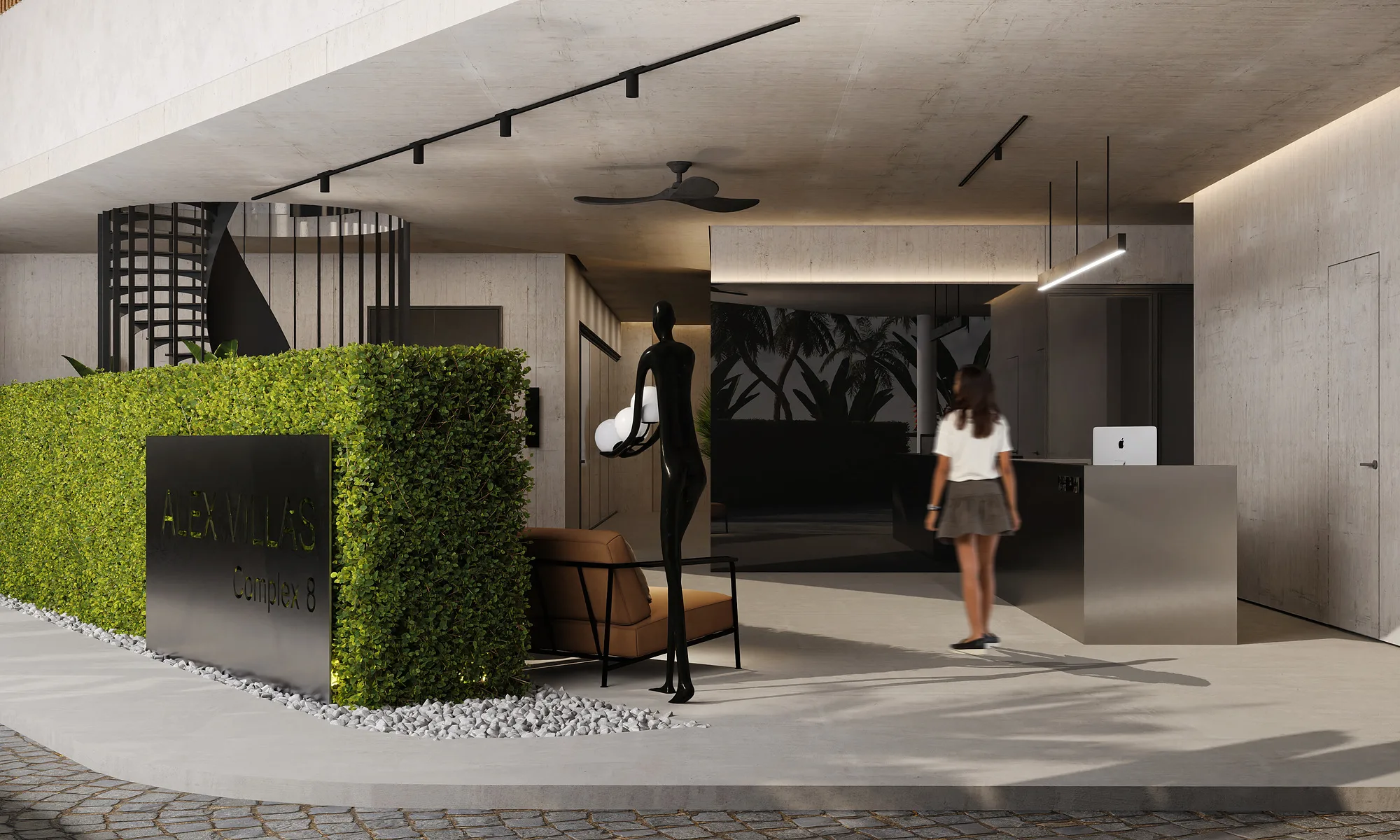 Entrance area at Alex Villas 8 in Bali: a green wall, the concierge desk and stone paving — SAD studio