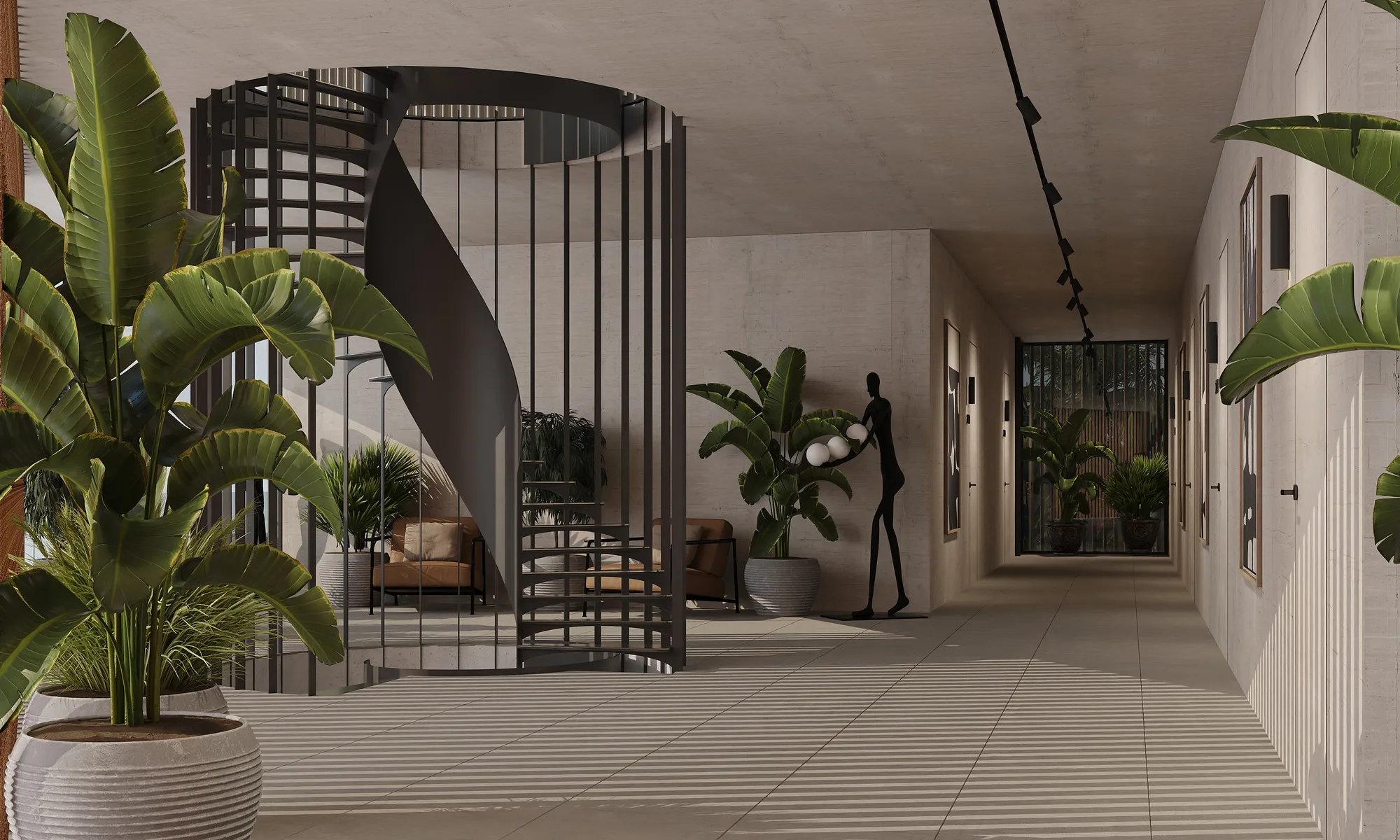 Spiral stair in the public area of Alex Villas 8 in Bali: the steel frame, travertine and planters — SAD studio