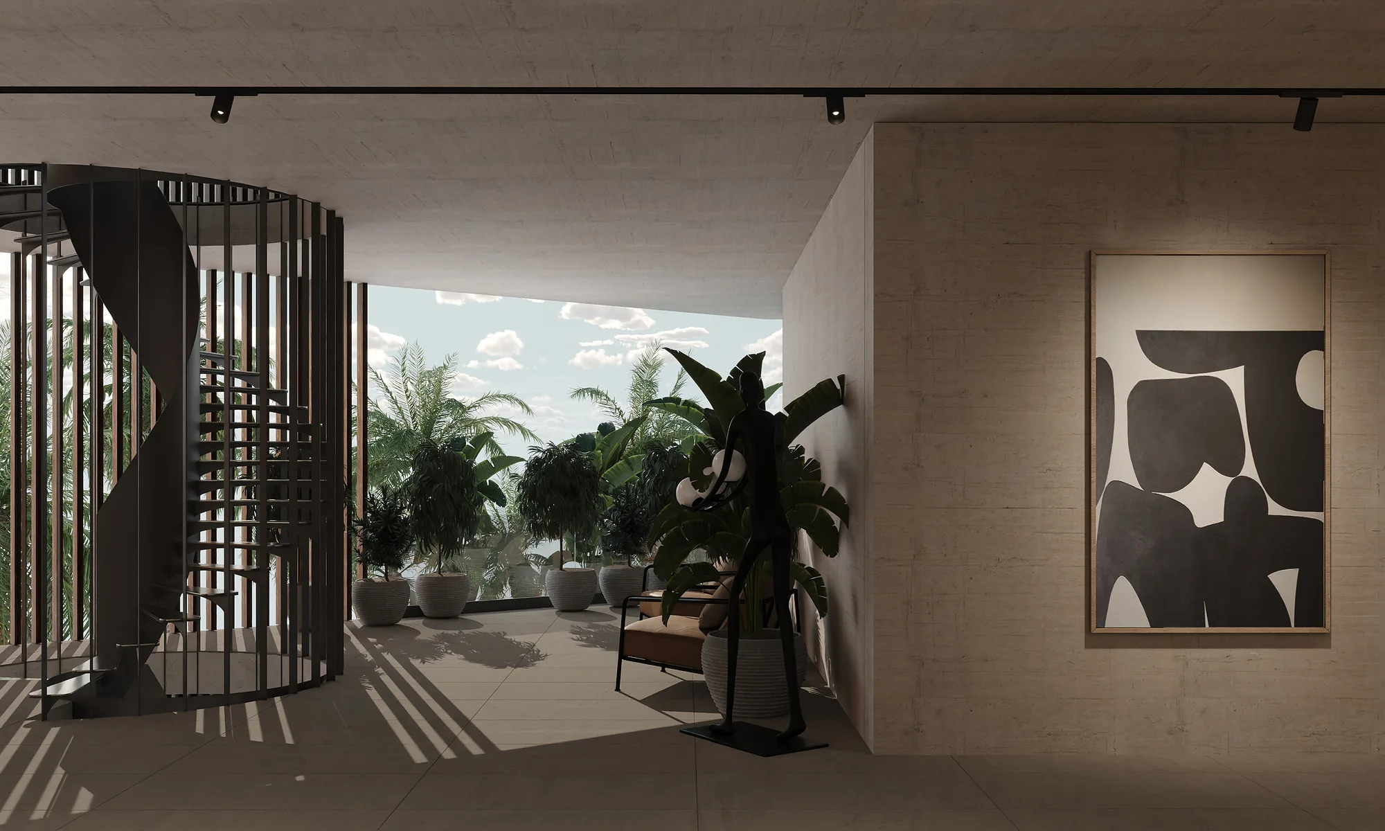 Public-area passage at Alex Villas 8 in Bali: the spiral stair, wall artwork and the way out to the garden — SAD studio