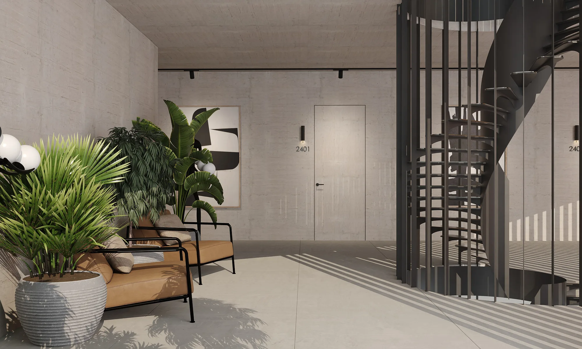 Waiting area at Alex Villas 8 in Bali: a daybed by the spiral stair and large planters — SAD studio