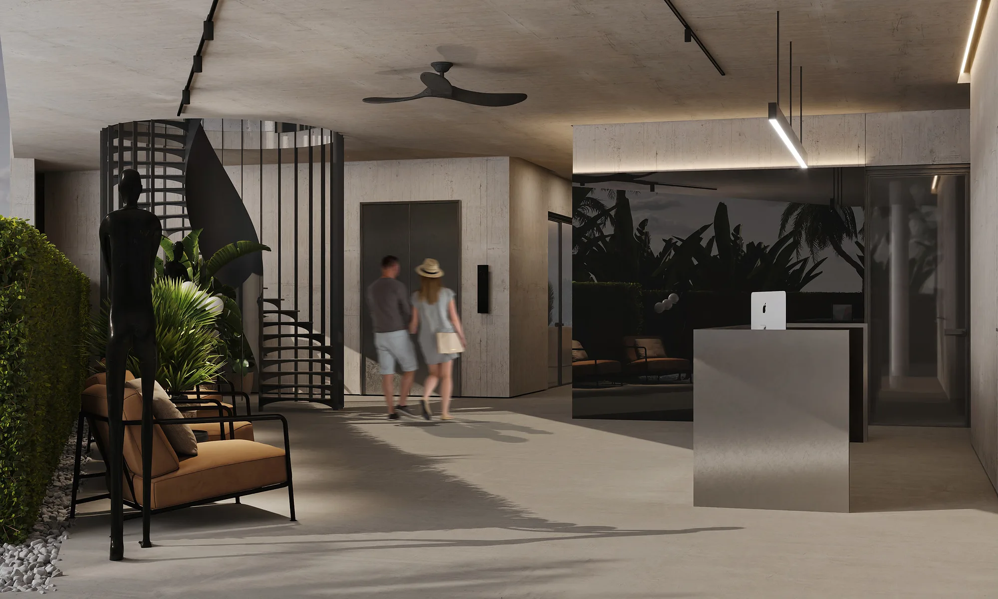 Lobby at Alex Villas 8 in Bali: the counter, the lift core and the spiral stair beyond — SAD studio
