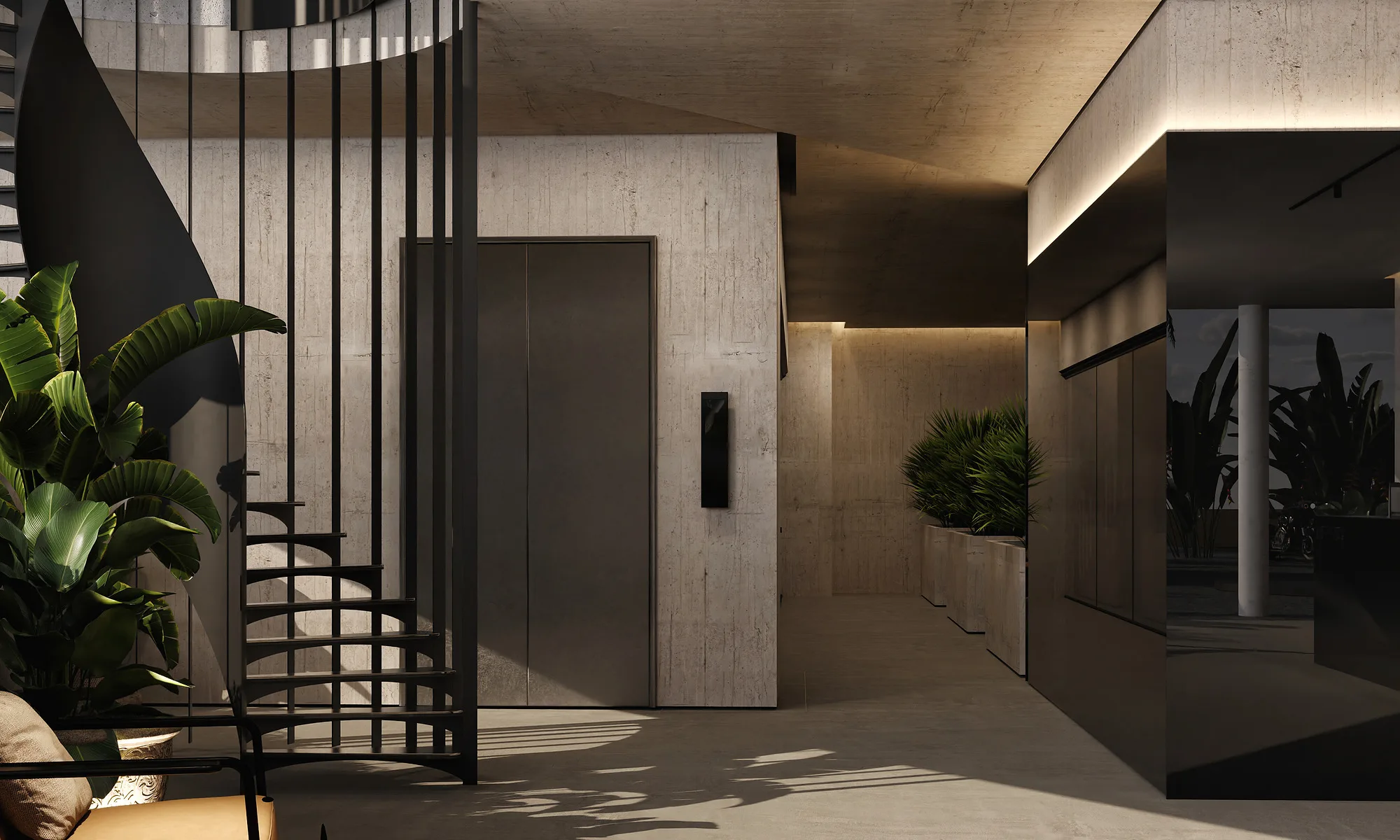 Lift hall at Alex Villas 8 in Bali: travertine, the spiral stair and planting by the wall — SAD studio