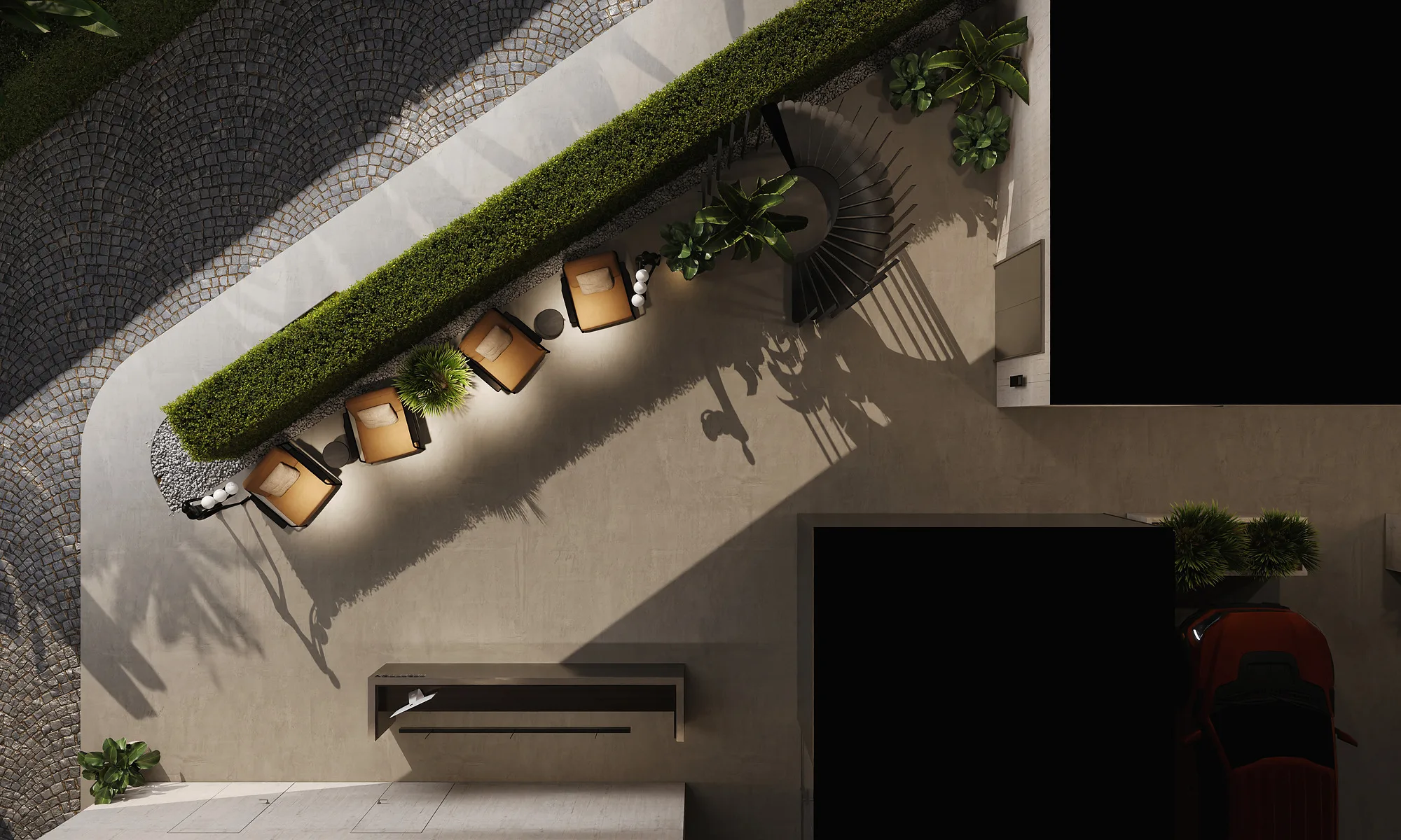 Stair at Alex Villas 8 in Bali from above: the flights with planting along the balustrade — SAD studio