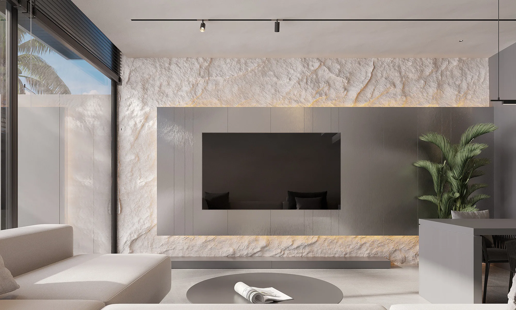 A 2BR apartment at Alex Villas 8 on Bali: the living room with a stone media wall and pool access — SAD studio