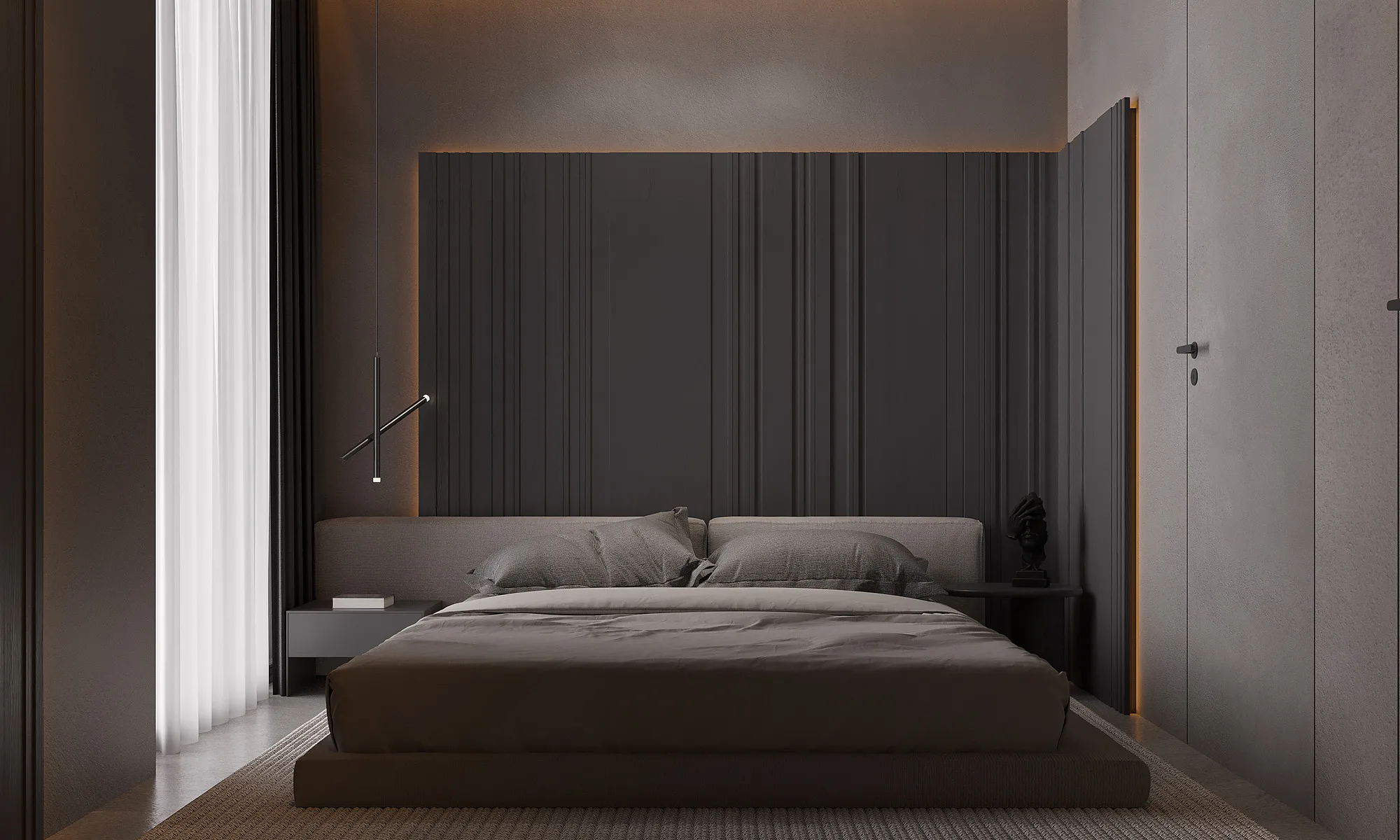 A bedroom at Alex Villas 8: a dark timber slatted headboard with concealed lighting — SAD studio