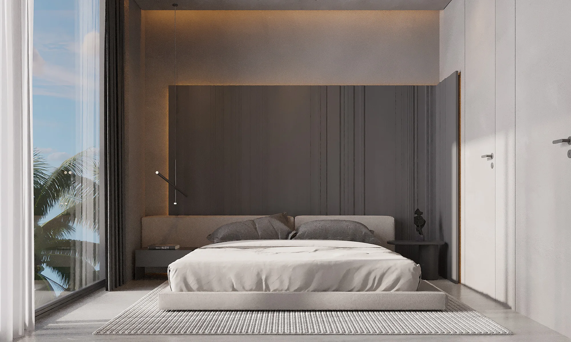 A bedroom at Alex Villas 8 opening to the garden: full-height glazing with palms beyond — SAD studio