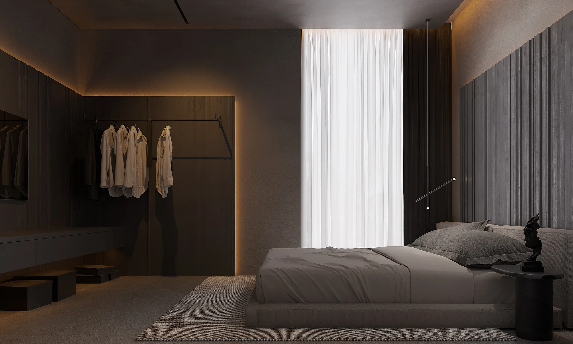 The dressing area off a bedroom at Alex Villas 8: open rails, lit niches and a TV panel — SAD studio