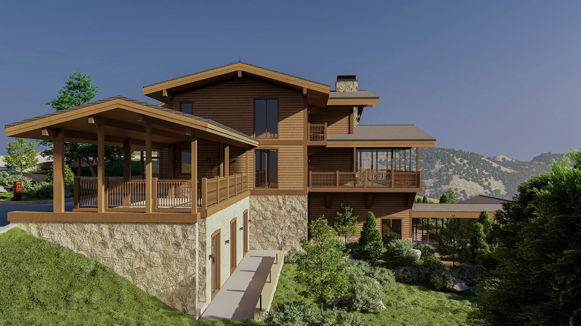Amirsoy chalet render: the chalet on the slope — SAD studio