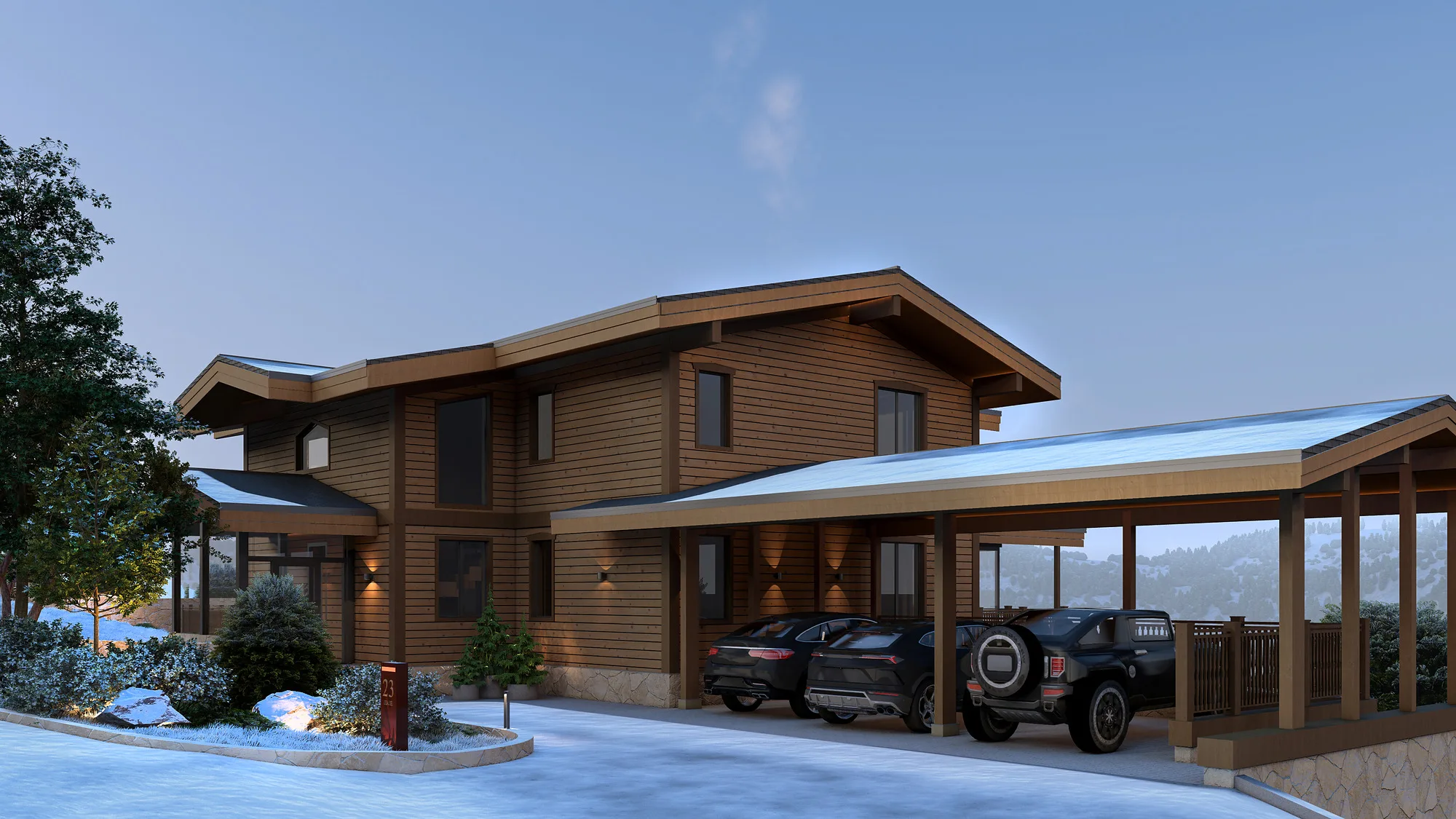 Amirsoy chalet render: carport in winter — SAD studio