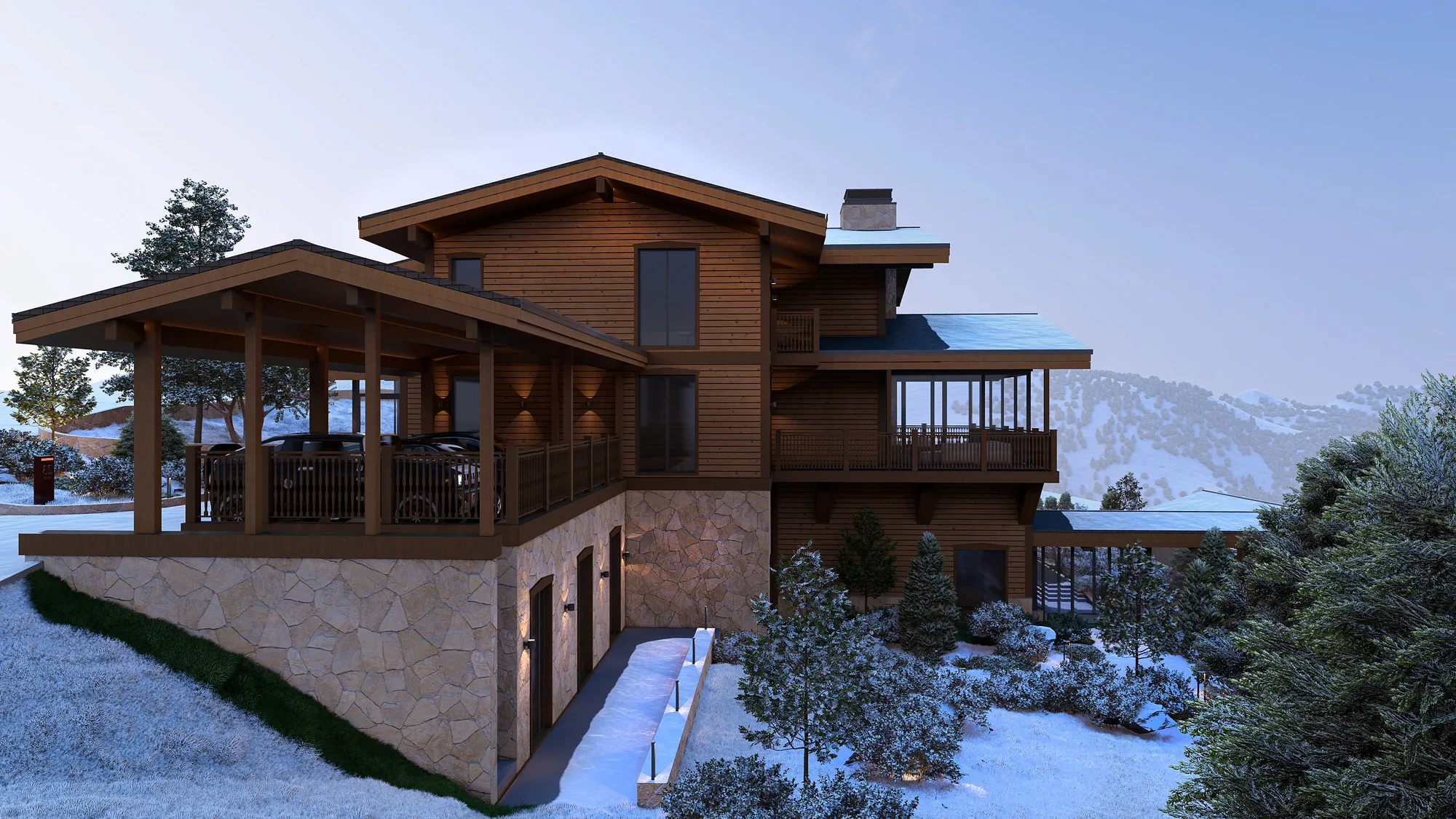 Amirsoy chalet render: the chalet in winter — SAD studio