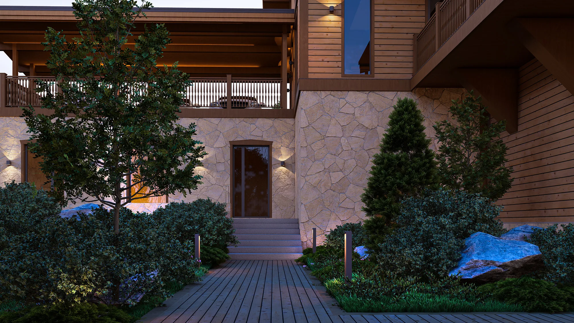 Amirsoy chalet render: entrance path in the evening — SAD studio
