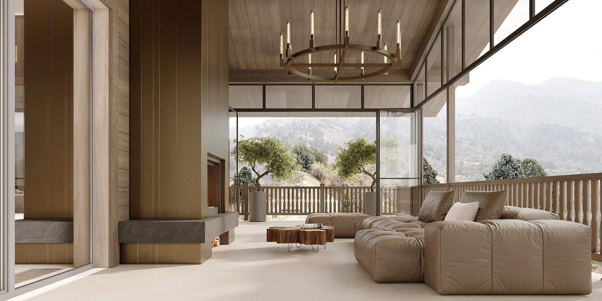 Amirsoy chalet render: living room with a mountain view — SAD studio