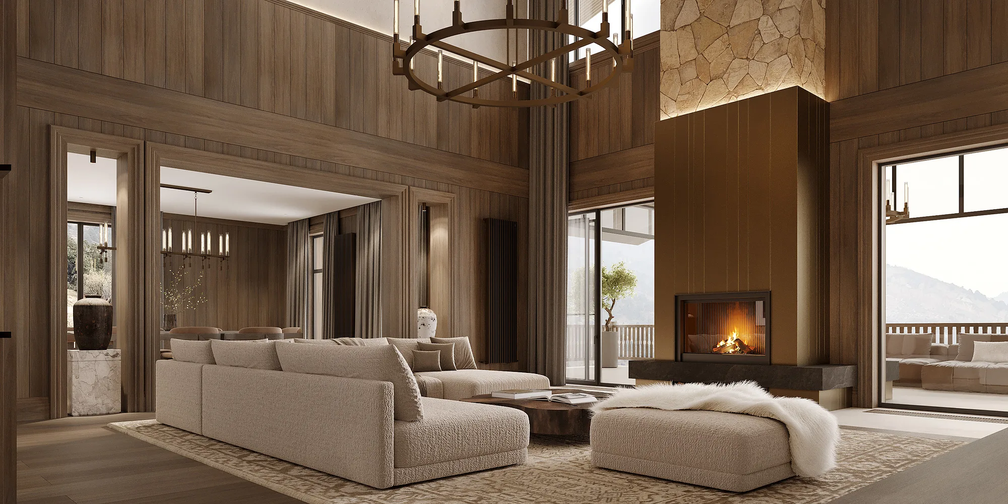 Amirsoy chalet render: living room and fireplace — SAD studio