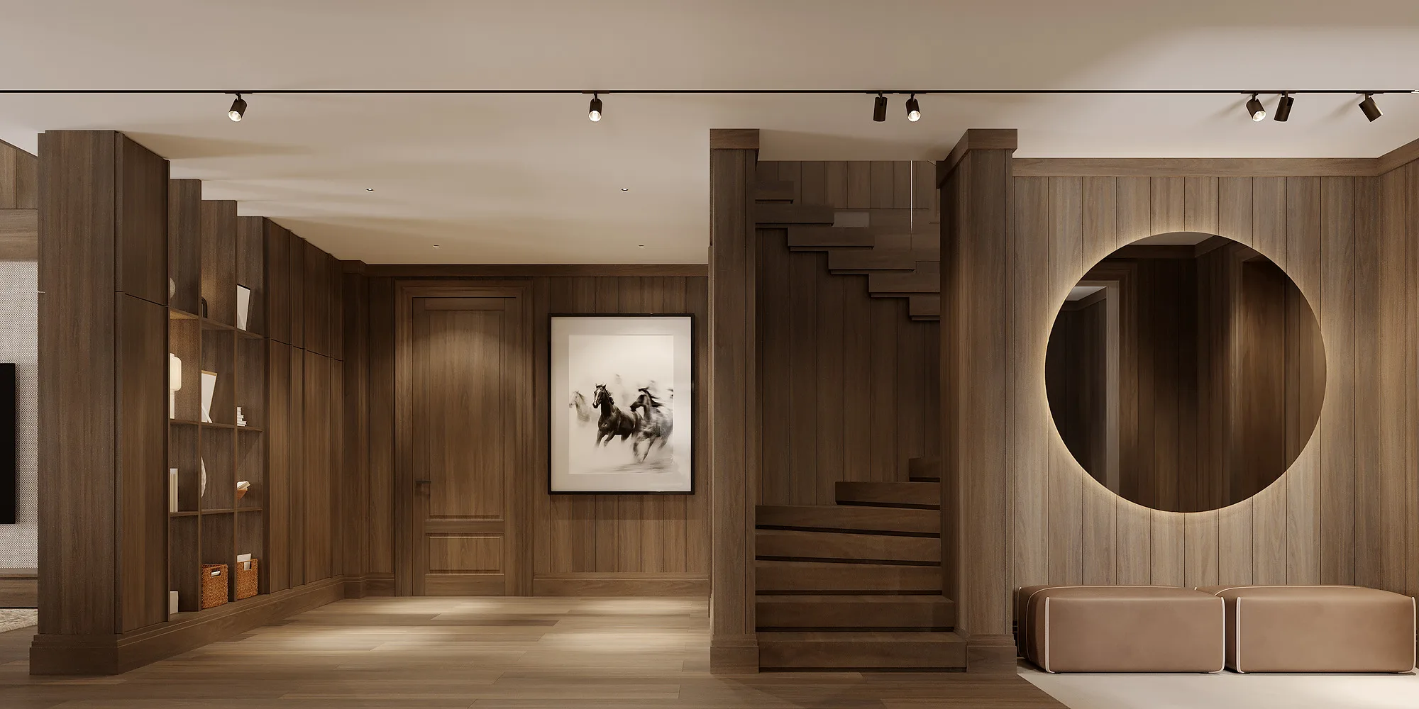 Amirsoy chalet render: staircase and round niche — SAD studio