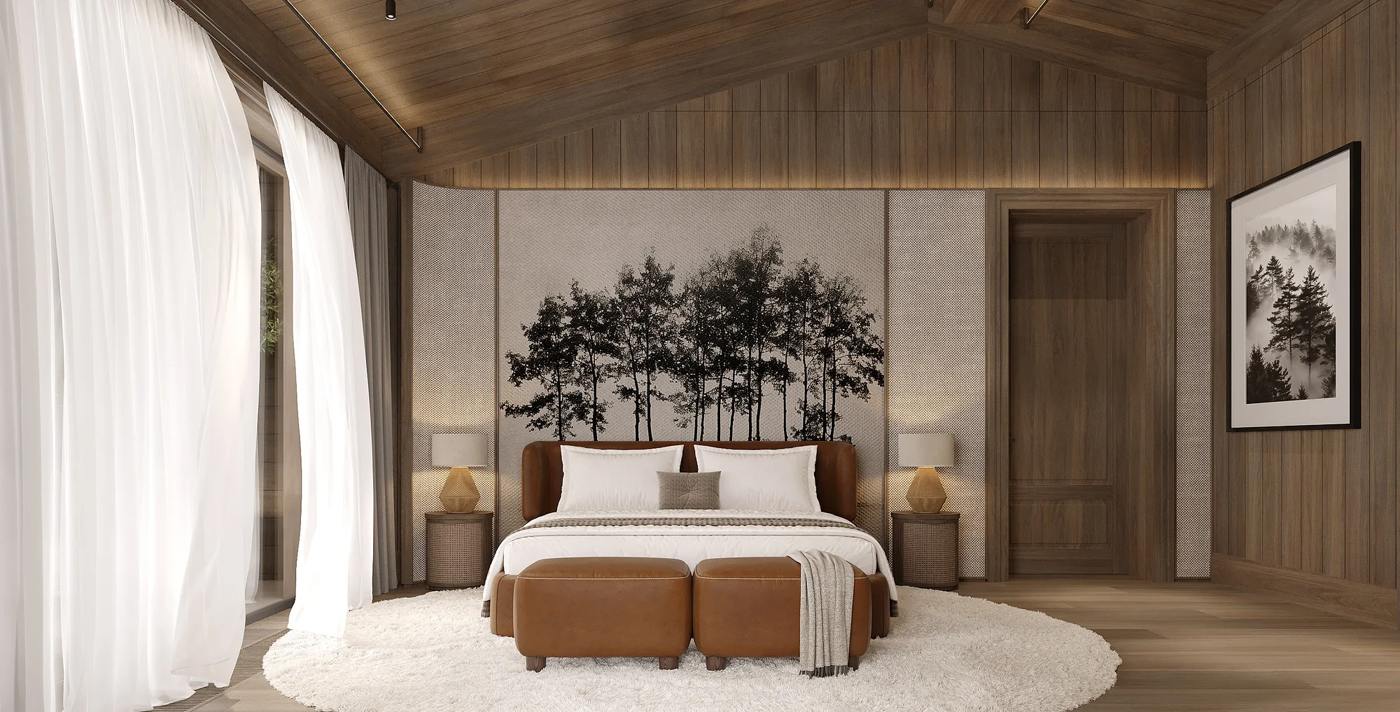 Amirsoy chalet render: bedroom with a tree panel — SAD studio
