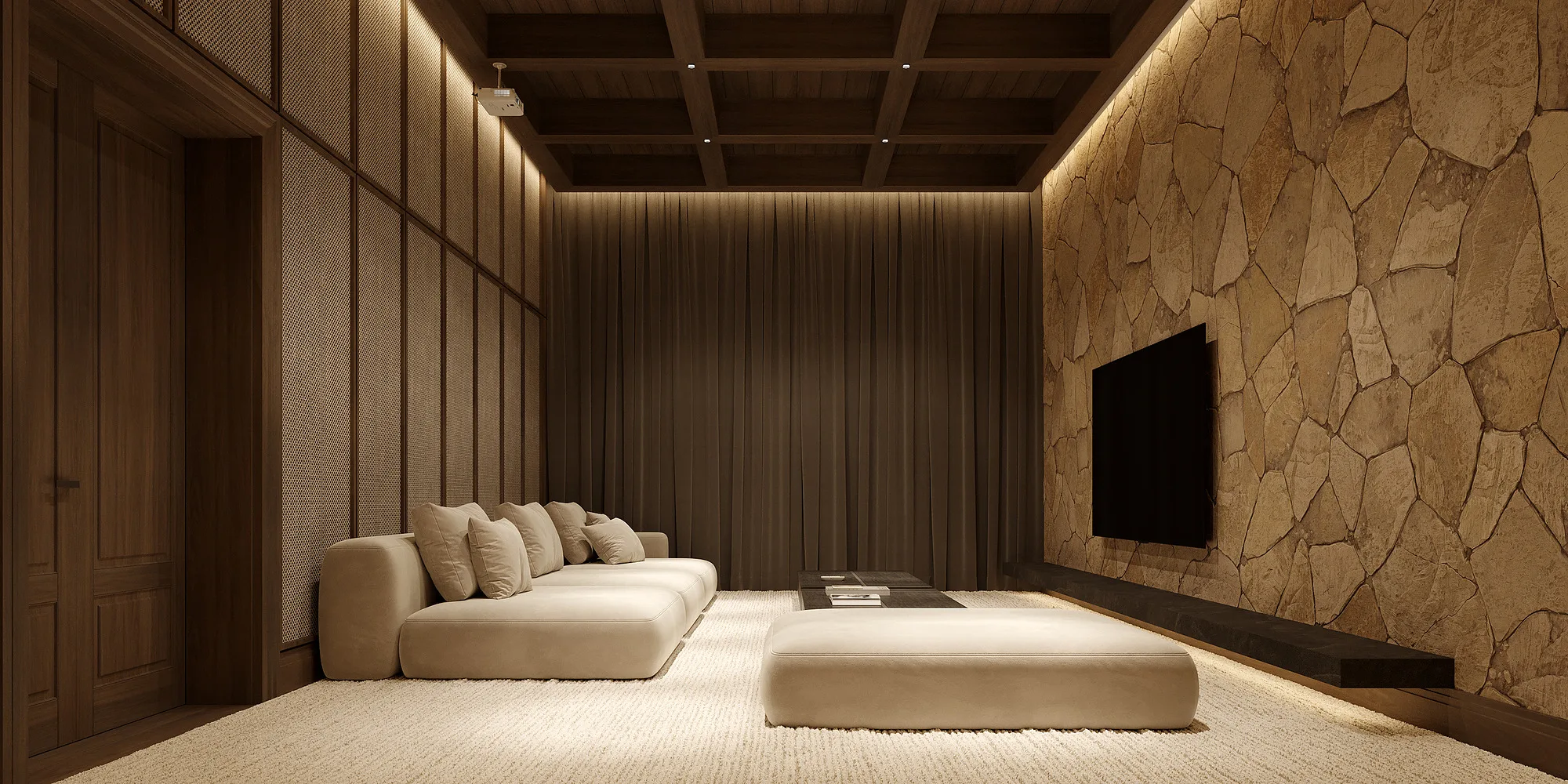 Amirsoy chalet render: lounge with a stone wall — SAD studio