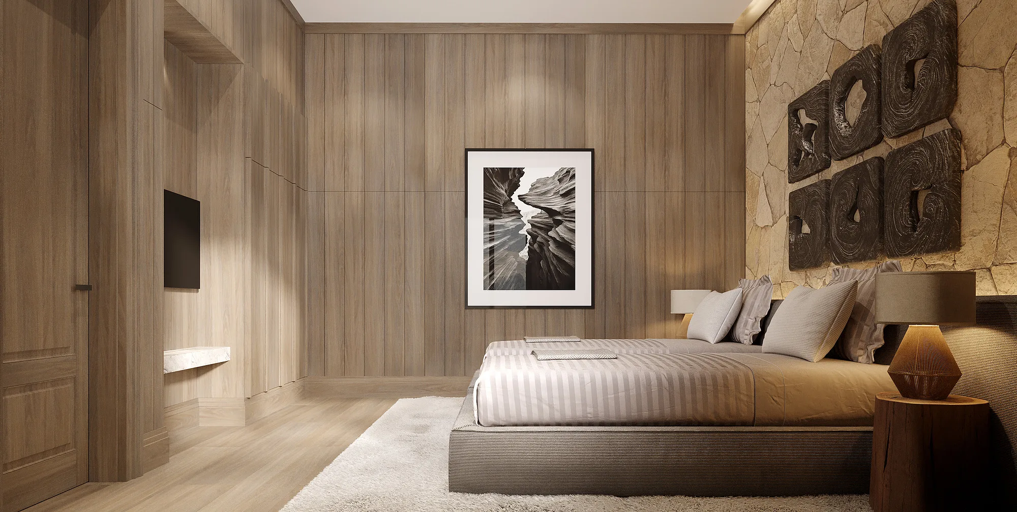 Amirsoy chalet render: second-floor bedroom — SAD studio