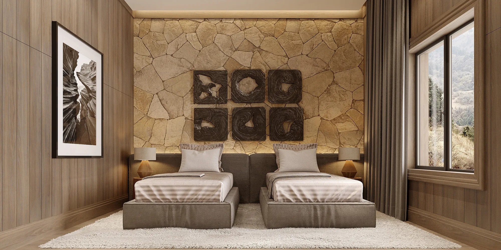 Amirsoy chalet render: bedroom with two beds — SAD studio