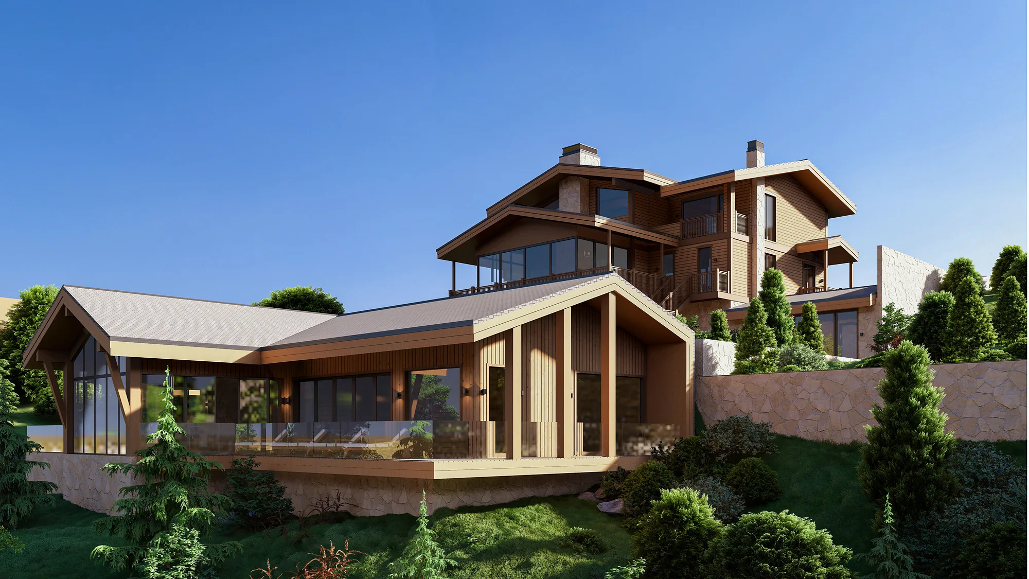 Amirsoy chalet render: overall view from above — SAD studio