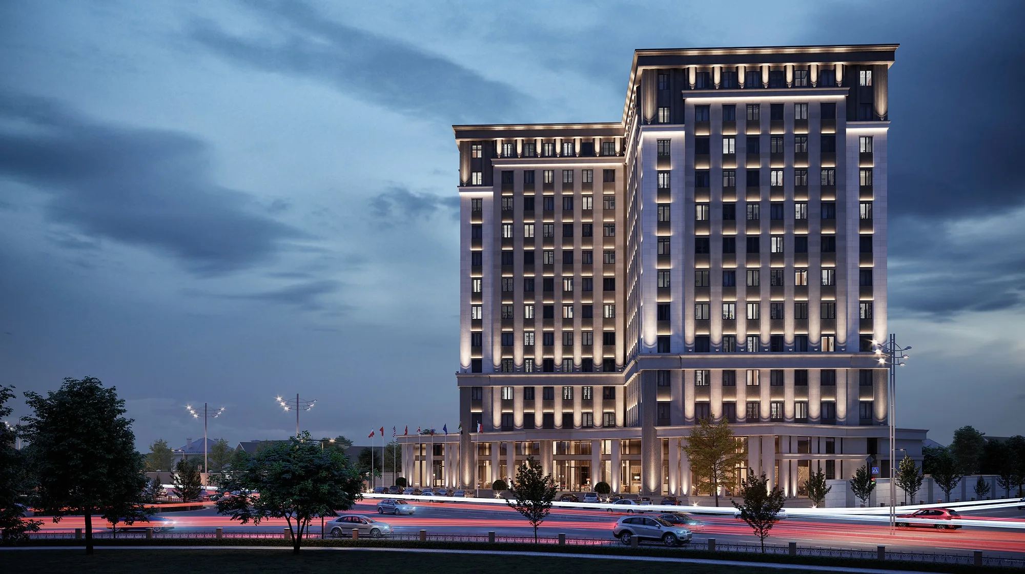 Apart hotel in Tashkent: the building at night with facade lighting — SAD studio