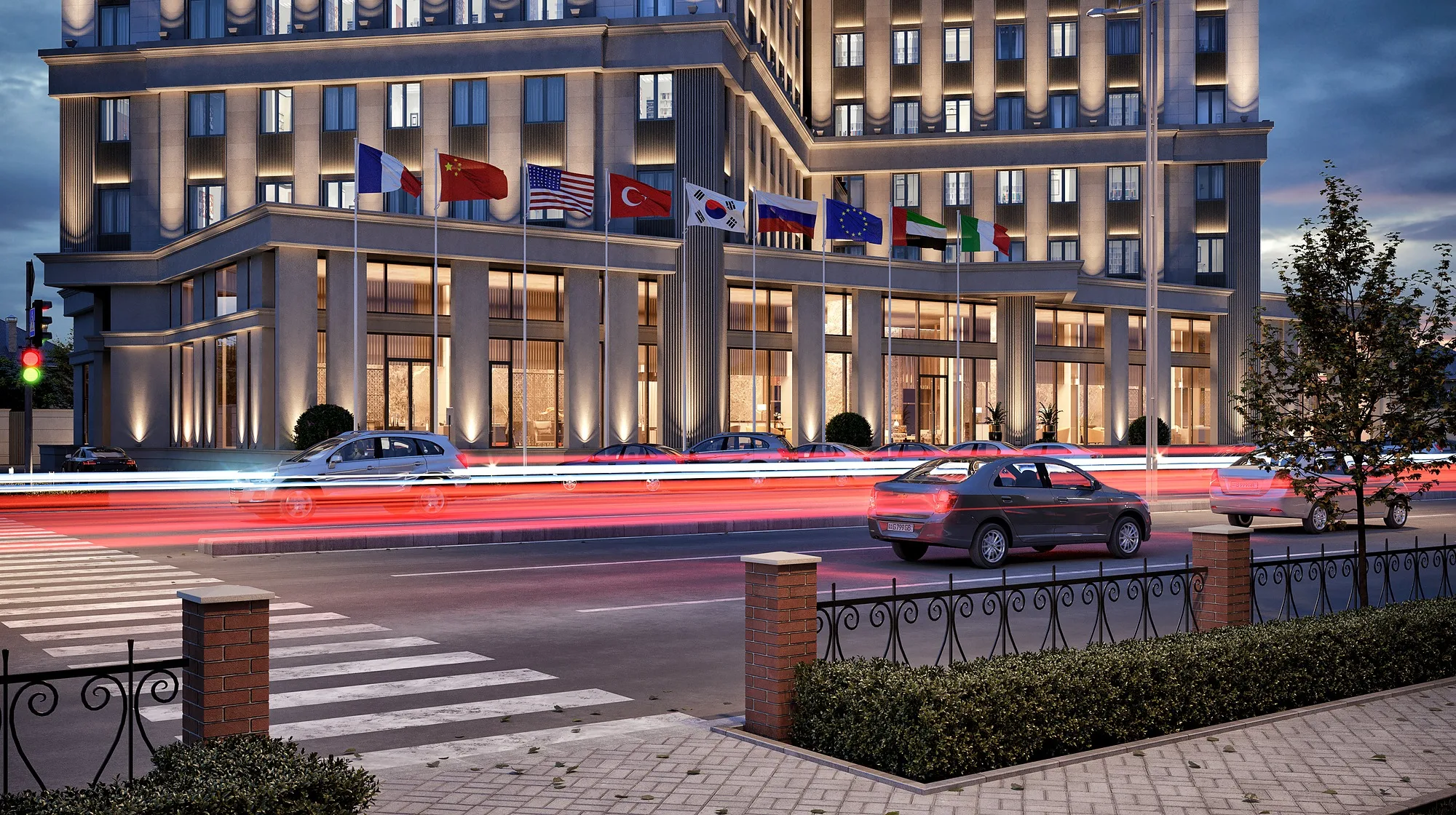 Apart hotel in Tashkent: the entrance with flagpoles at night — SAD studio