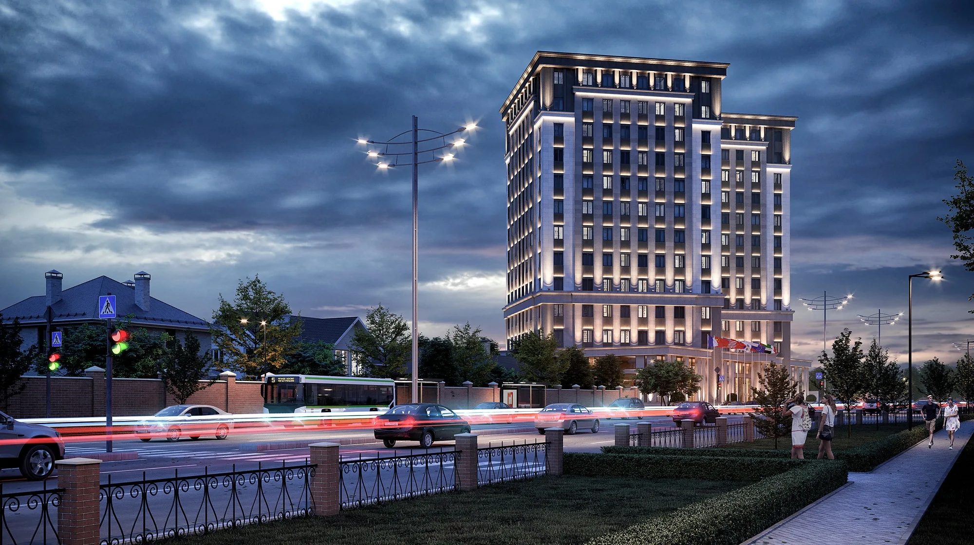 Apart hotel in Tashkent: evening view with the facade lit — SAD studio