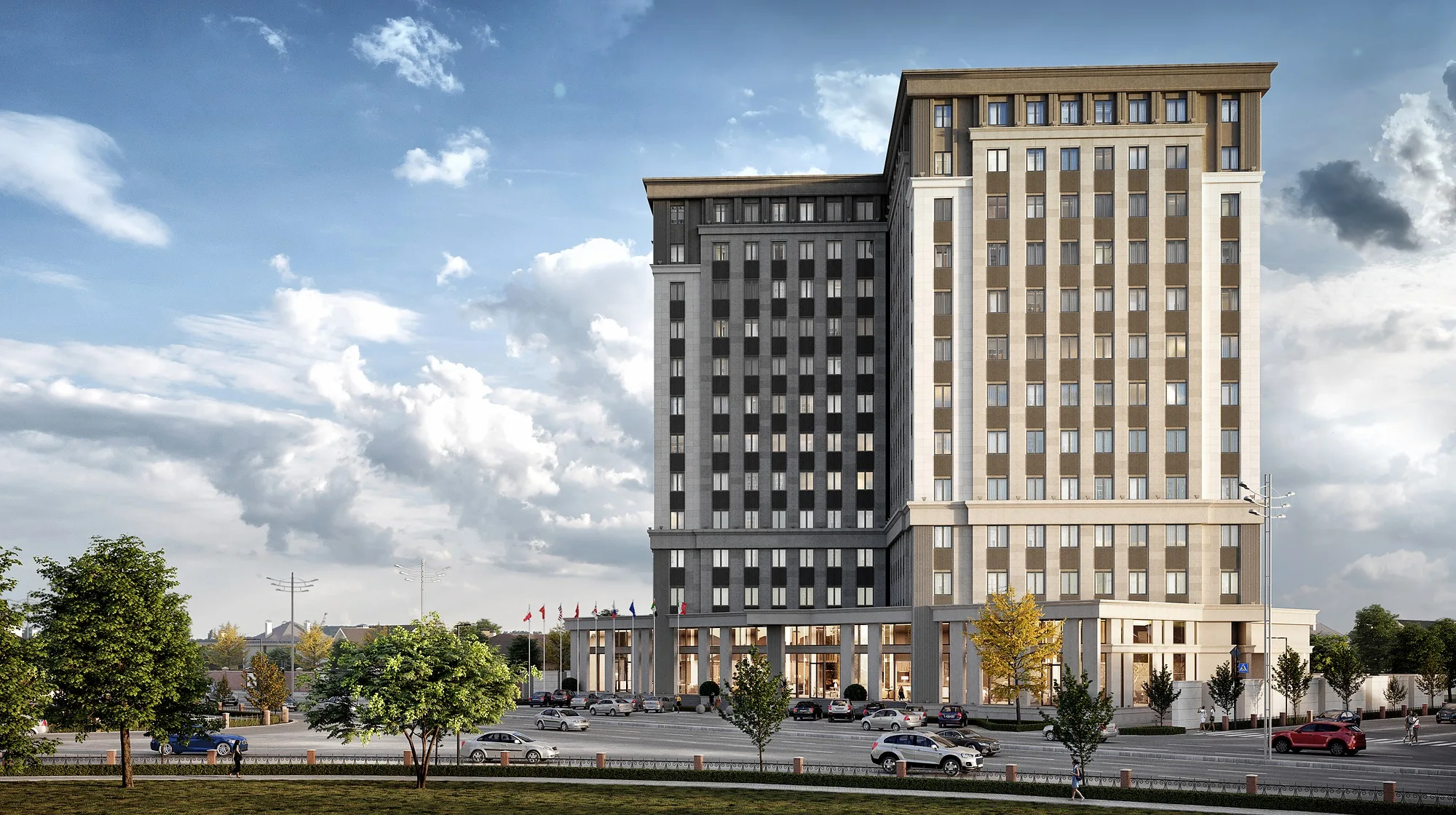 Apart hotel in Tashkent: the two-volume building from the open side — SAD studio