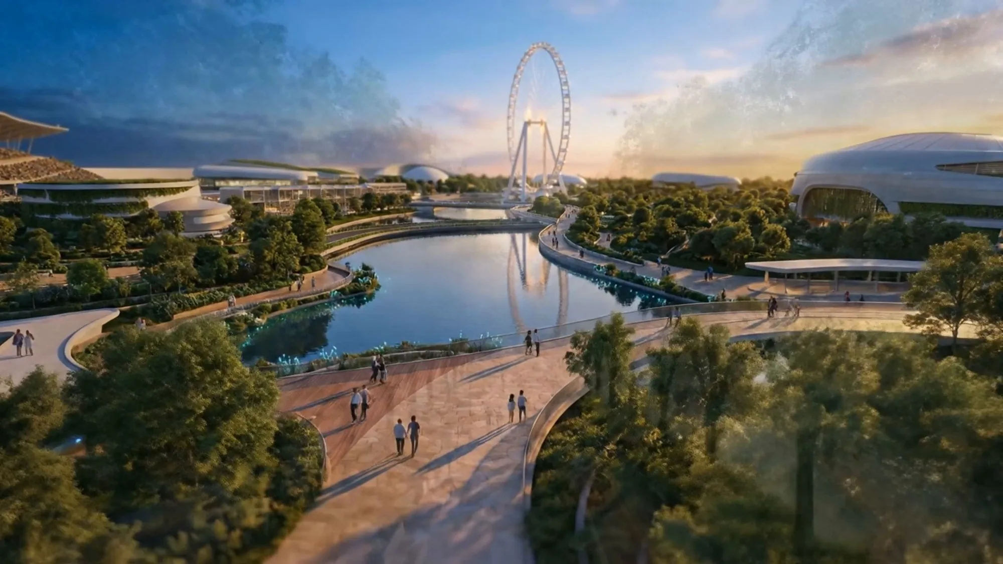 The waterfront of the new city on the Aral: a Ferris wheel and a lake with walking paths