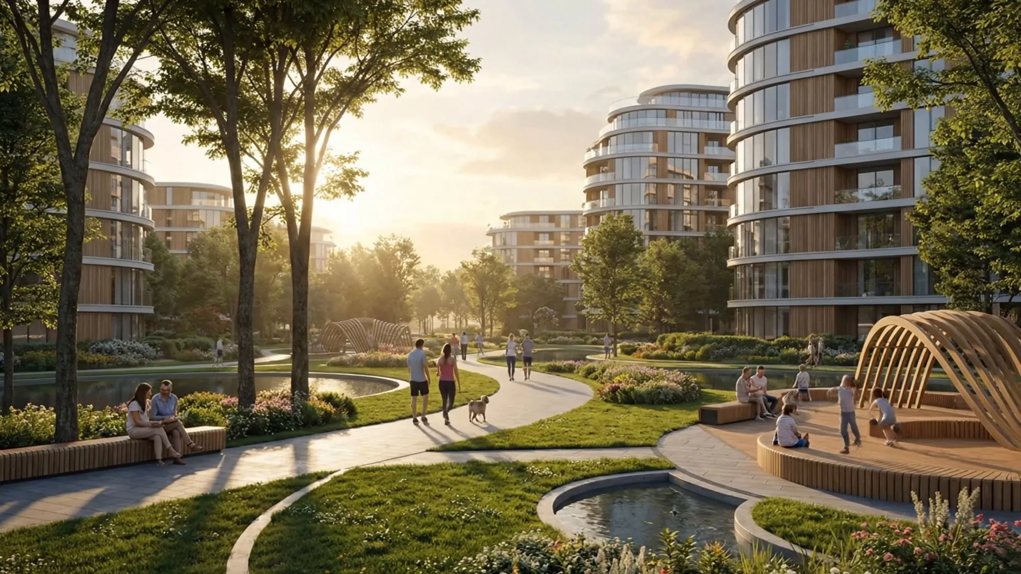 A park with a pond and residential blocks in the background