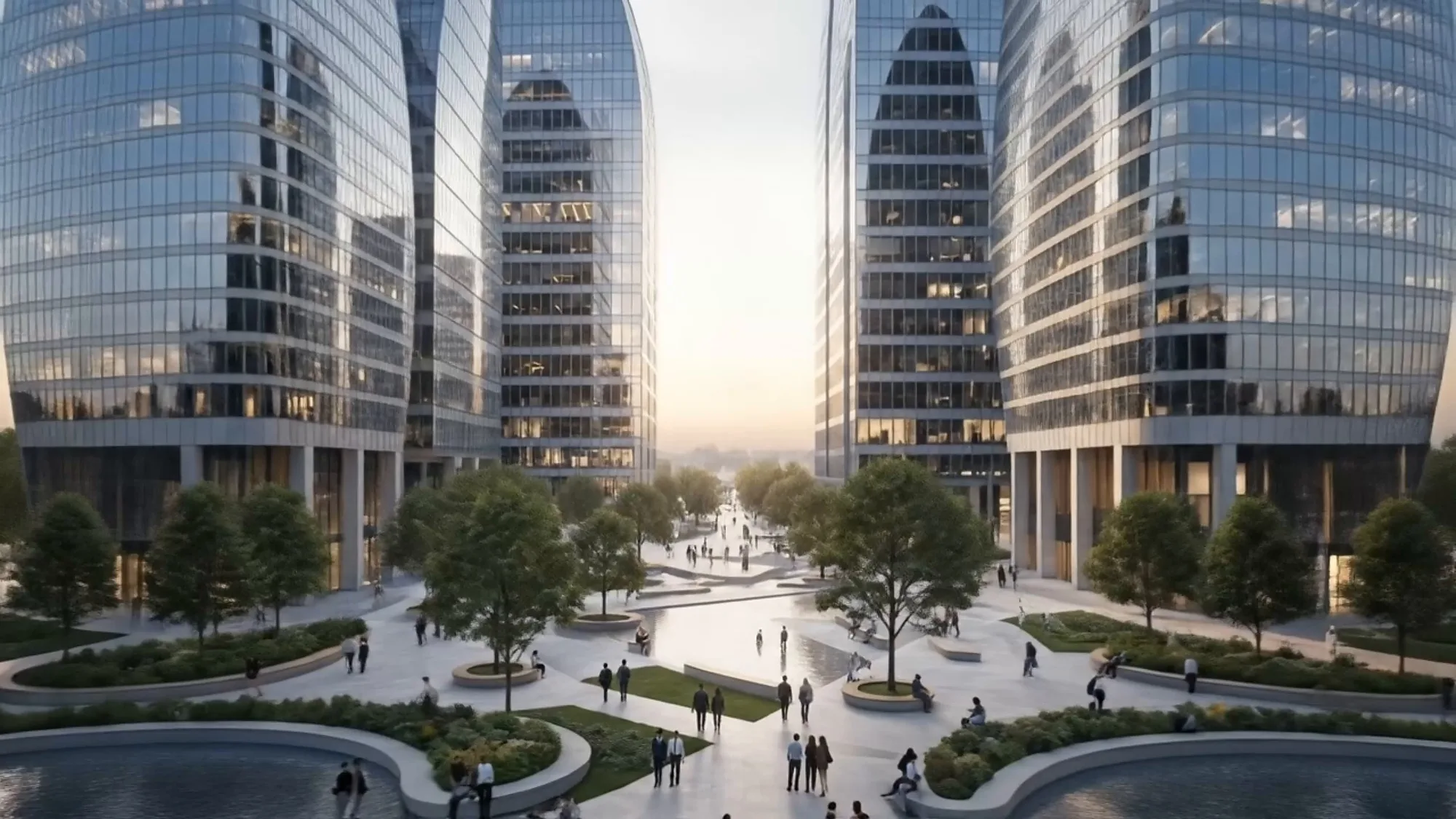 The business district: a square with water features between the high-rise blocks
