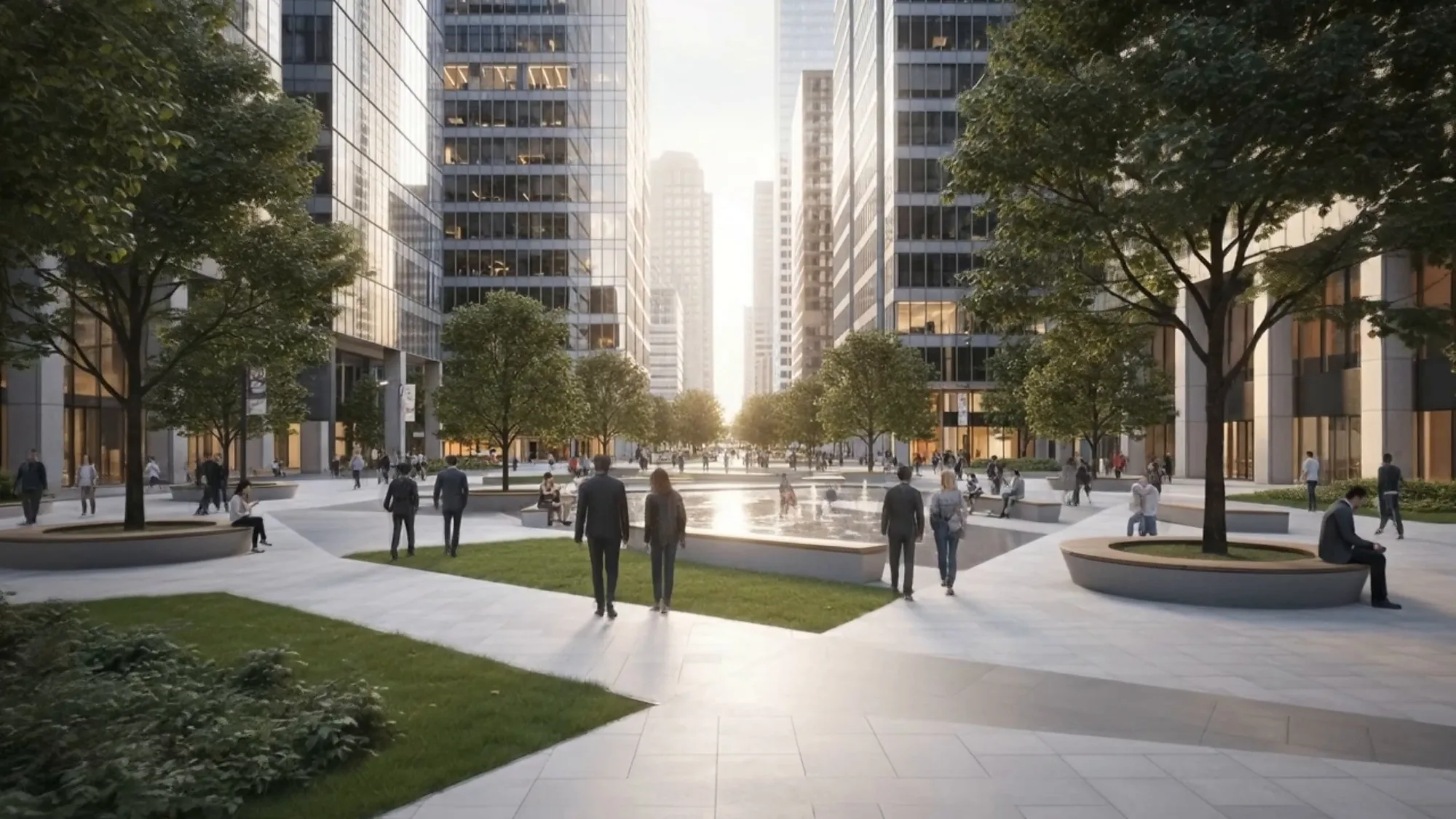 The pedestrian square of the business quarter with planting
