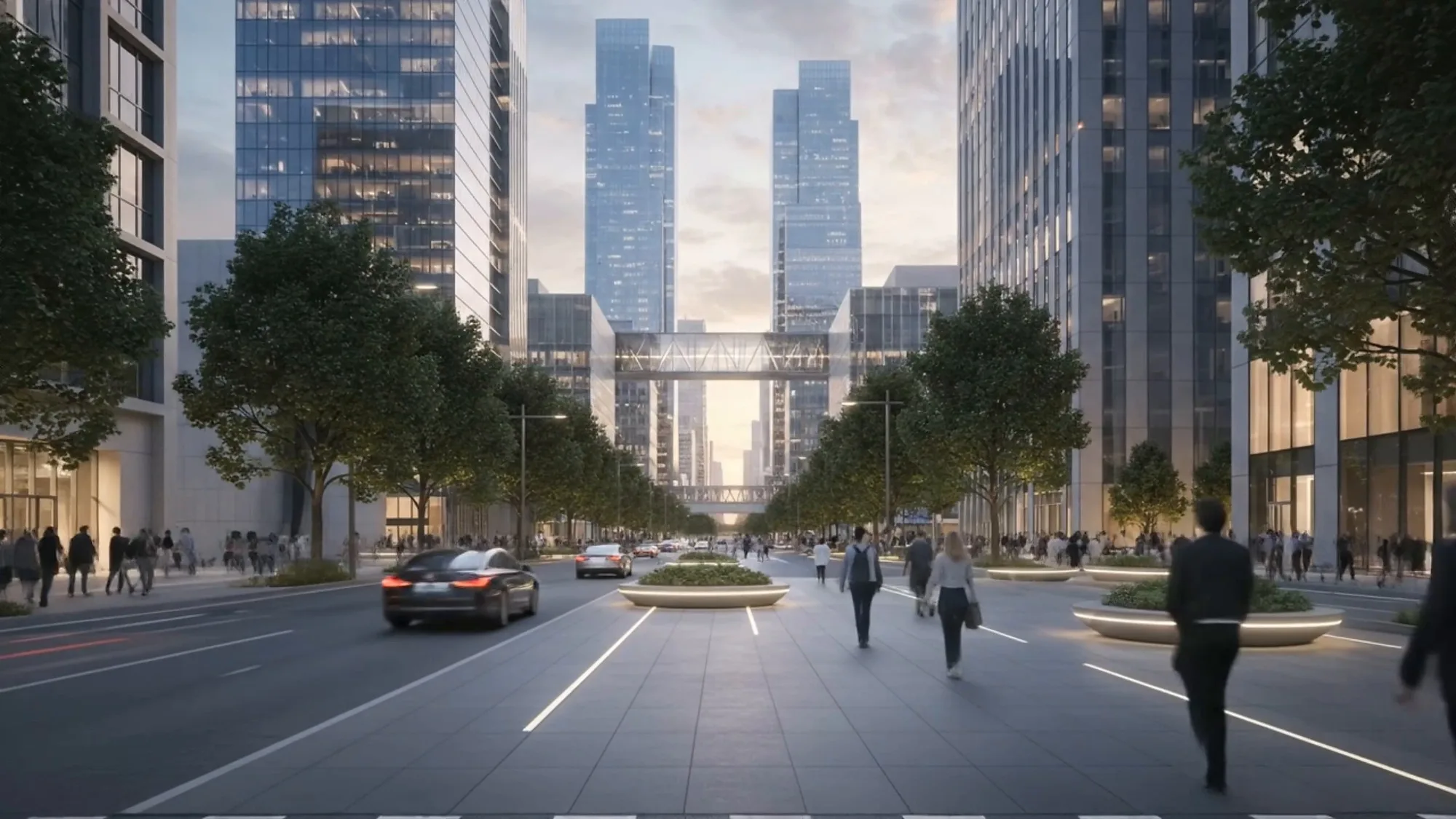 The business-district avenue with high-rise buildings and moving traffic