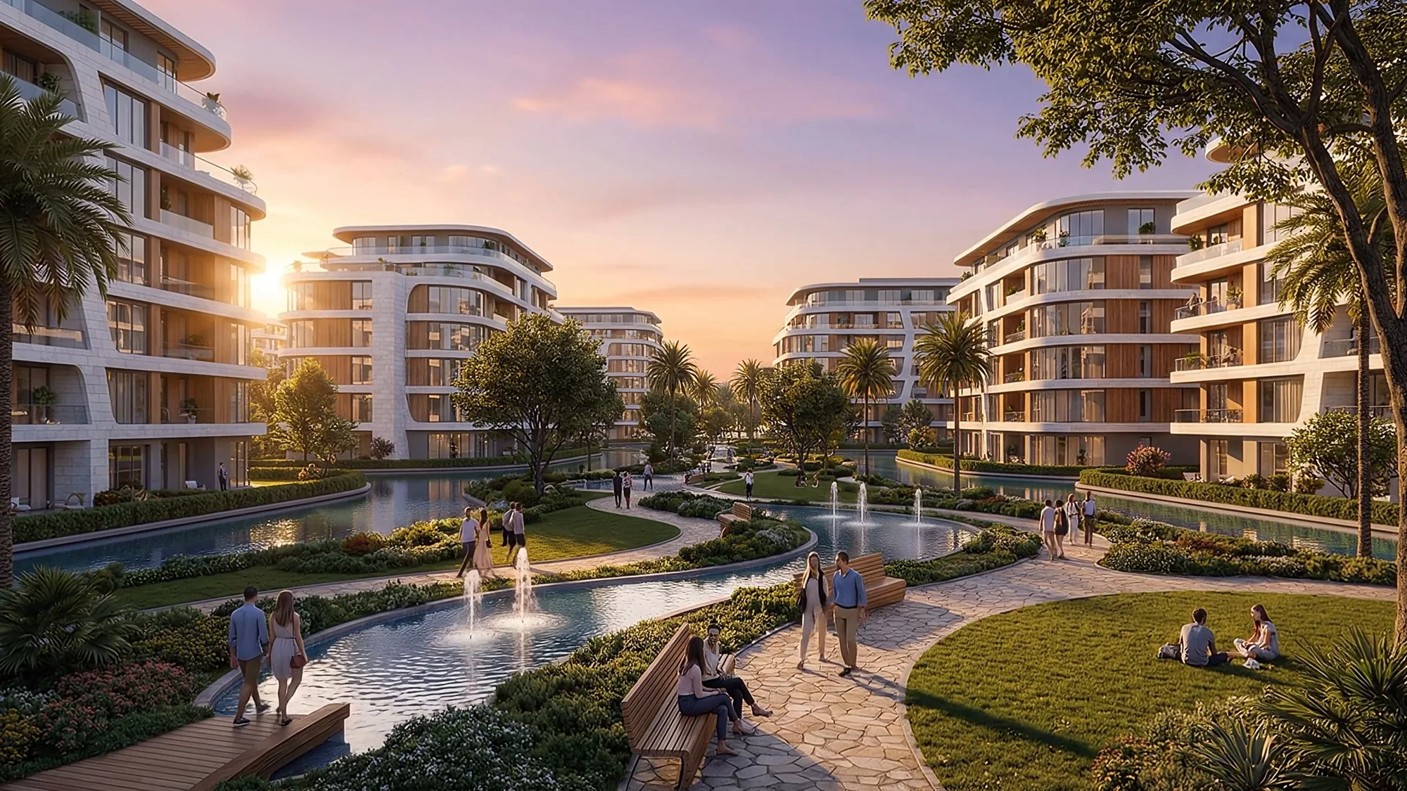 Residential blocks along the canal at sunset, with planted courtyards