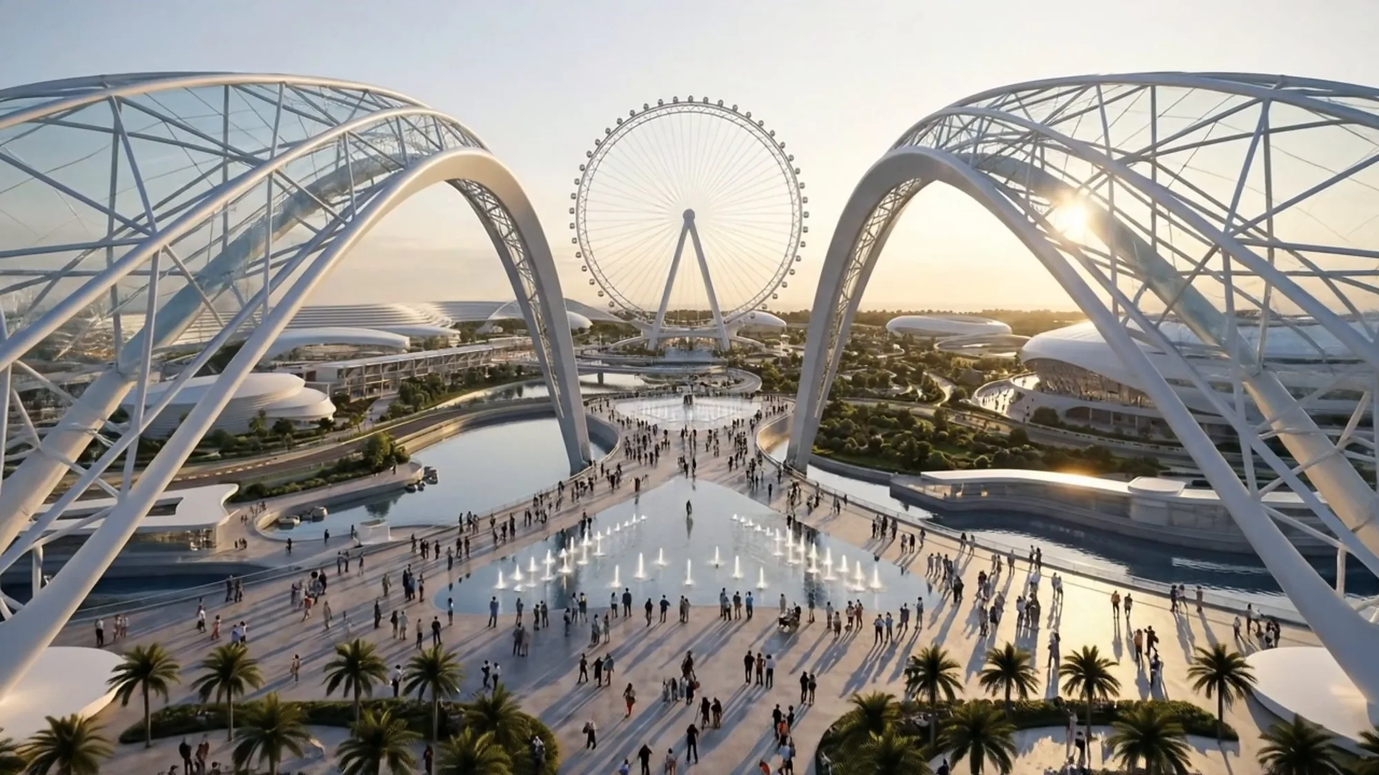 The pedestrian bridge across the bay, with the observation wheel