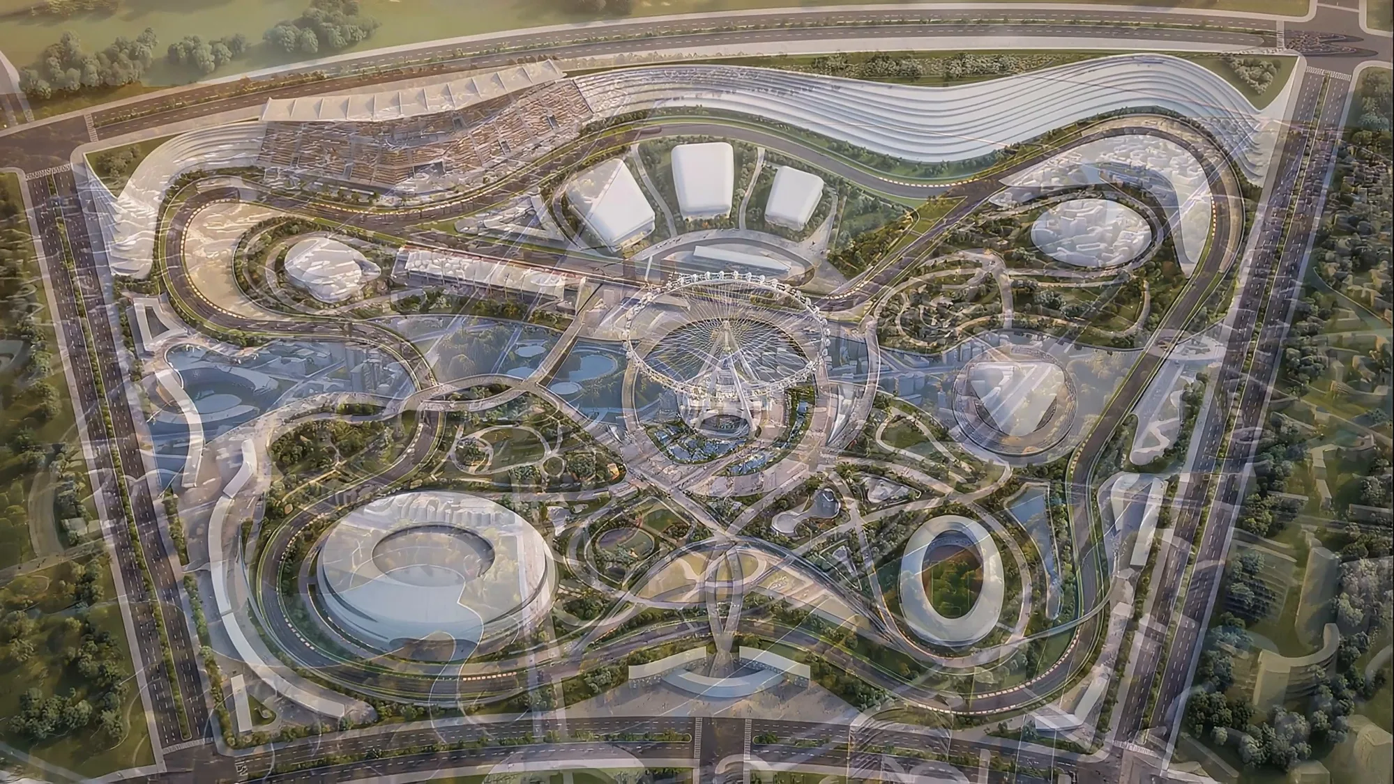 The sports cluster from above: the circuit and the arenas