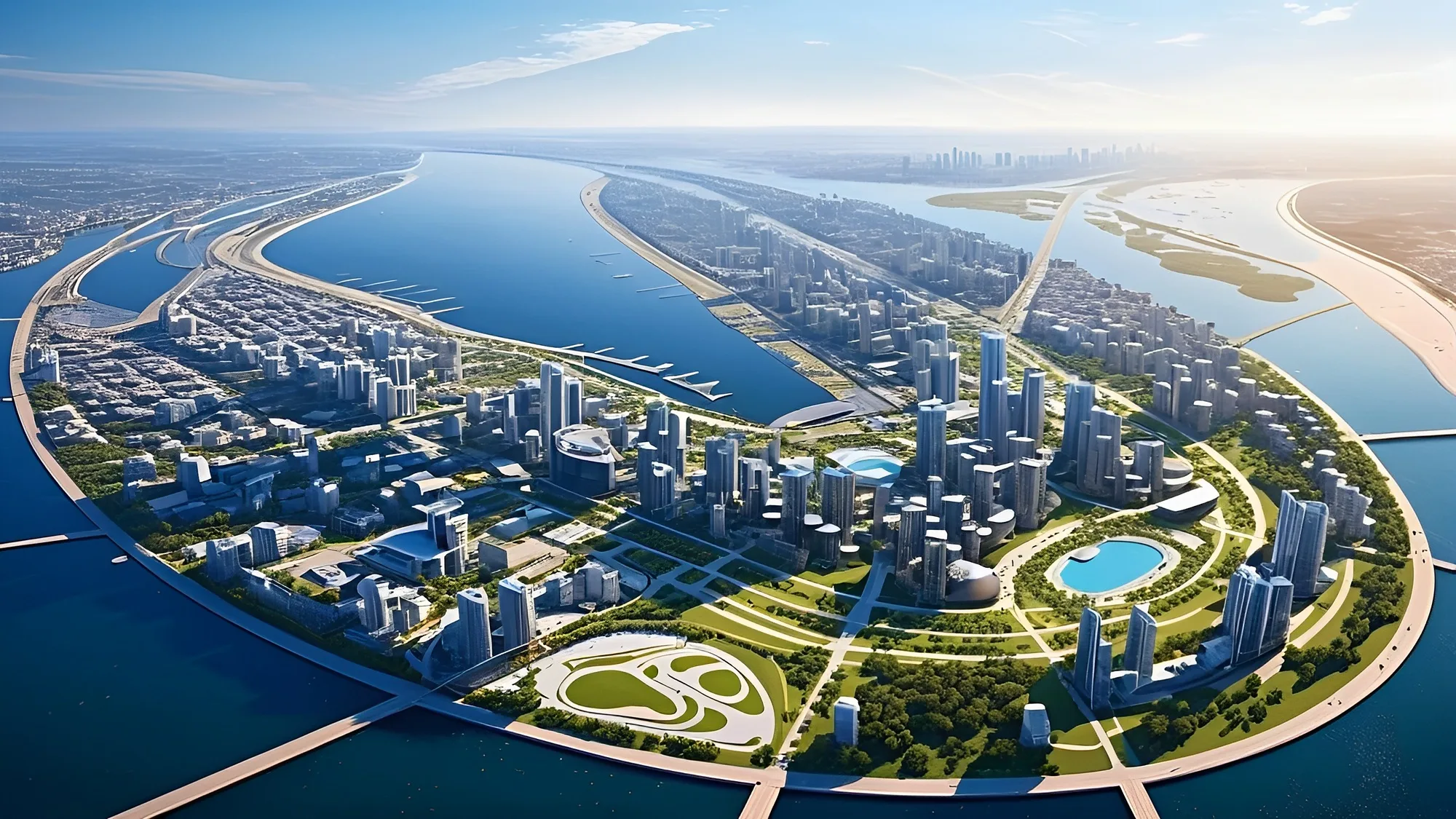 Aerial view of the City of Revival on the Aral Sea: residential blocks, canals and the waterfront — a SAD concept
