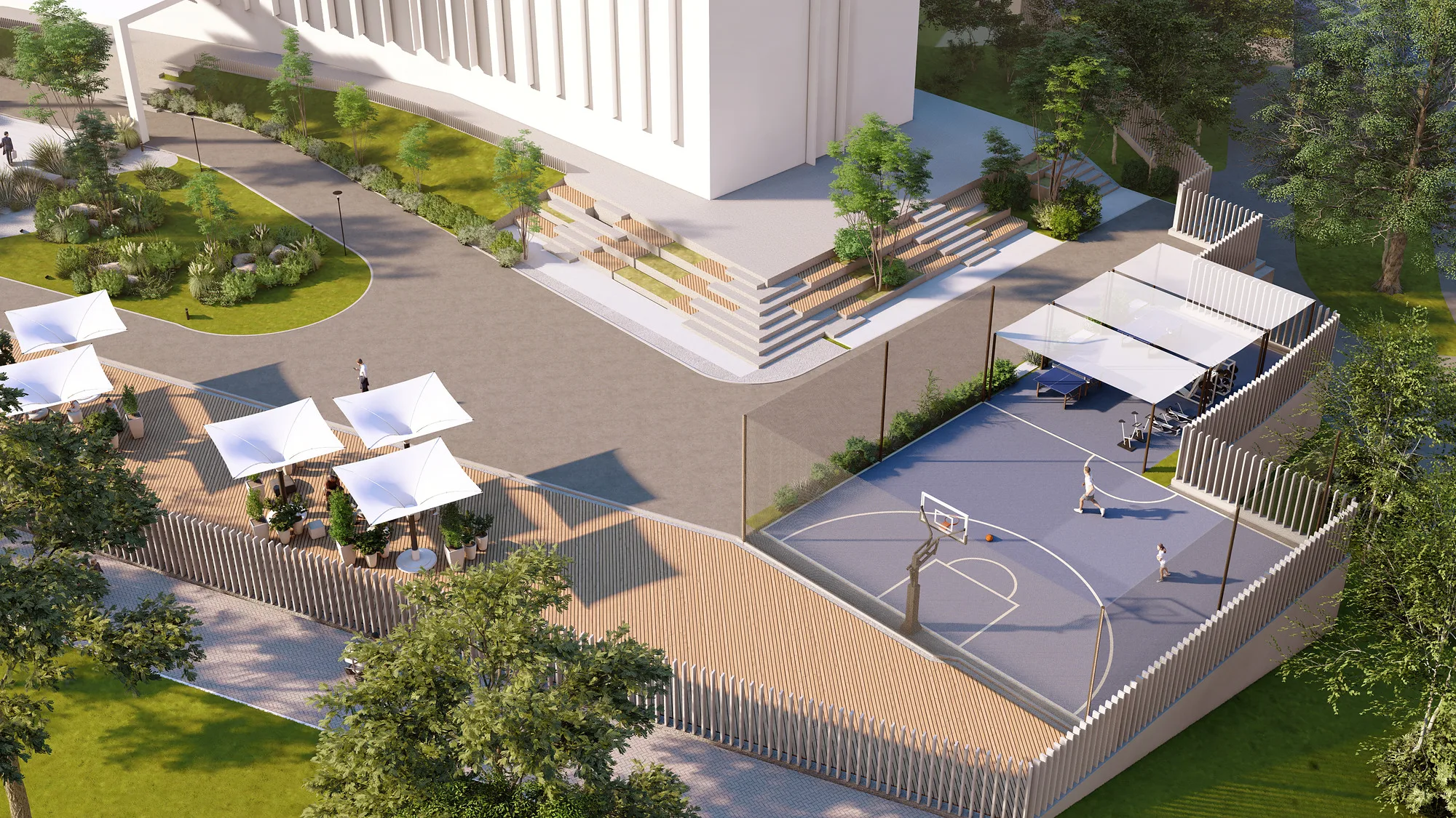 Arizona University campus landscape render: sports court and canopies from above — SAD studio
