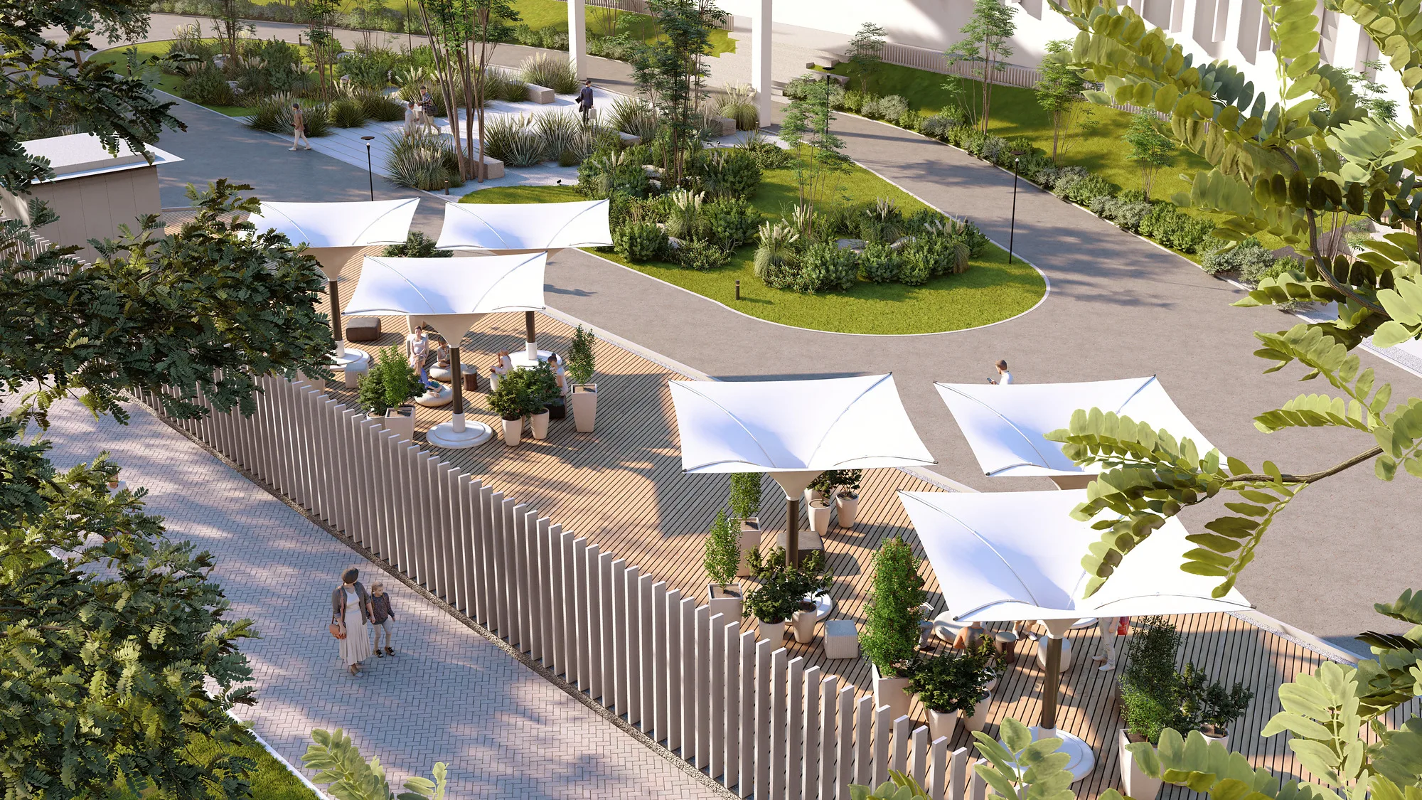 Arizona University campus landscape render: seating area under canopies — SAD studio